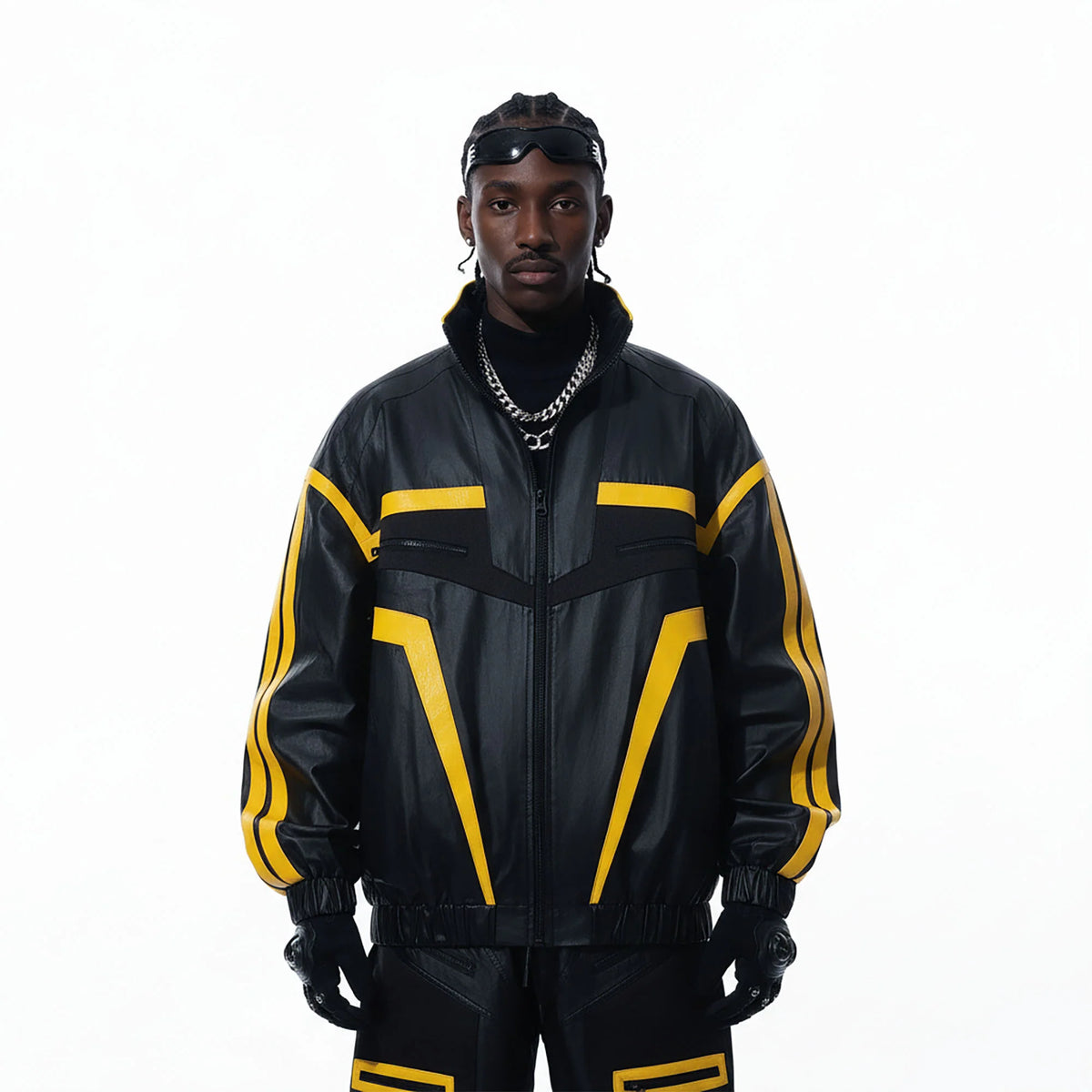 MOGONGSHE Contrast Stripe PU Moto Jacket