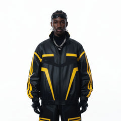 MOGONGSHE Contrast Stripe PU Moto Jacket