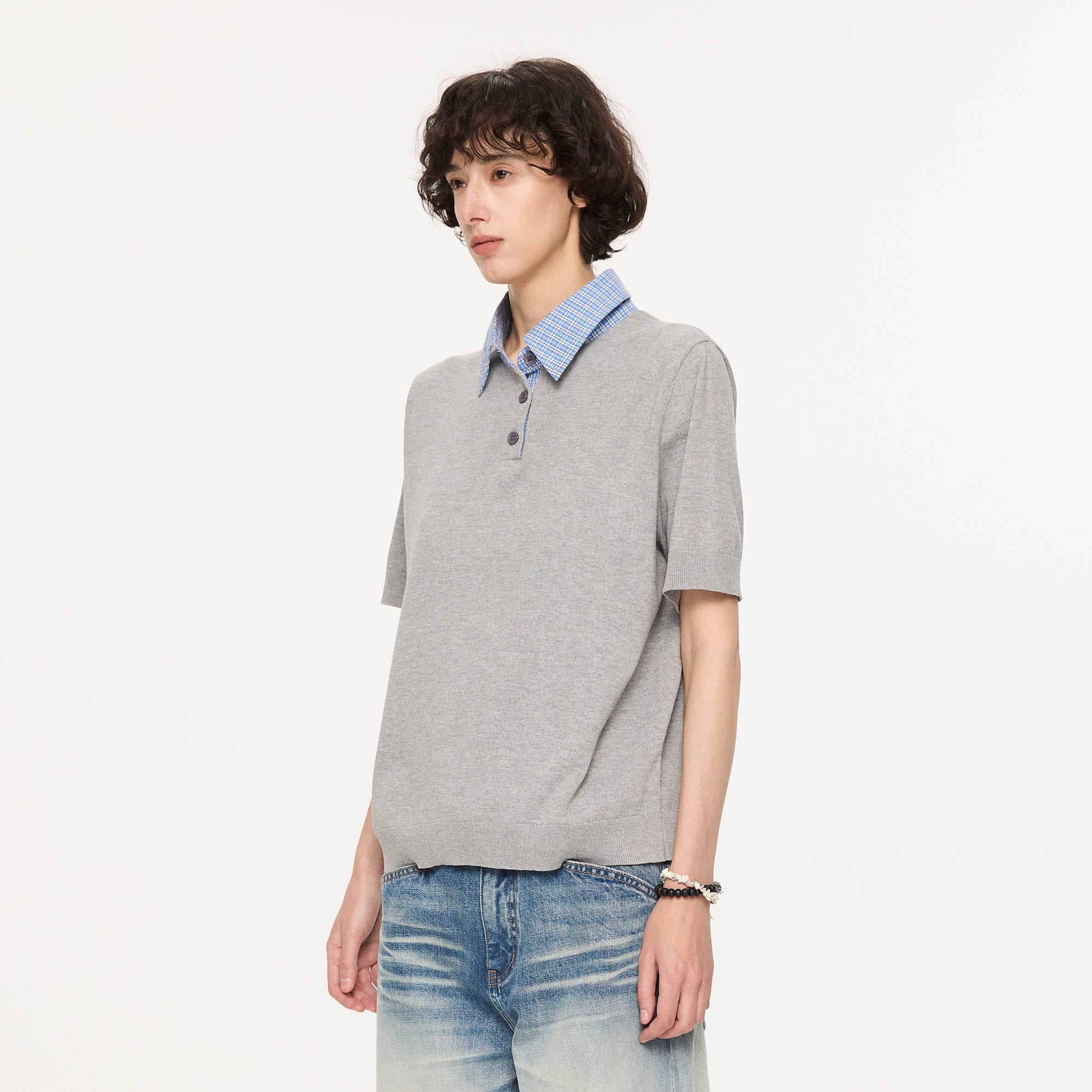 KREATE Preppy Spliced Plaid Collar Knit Polo