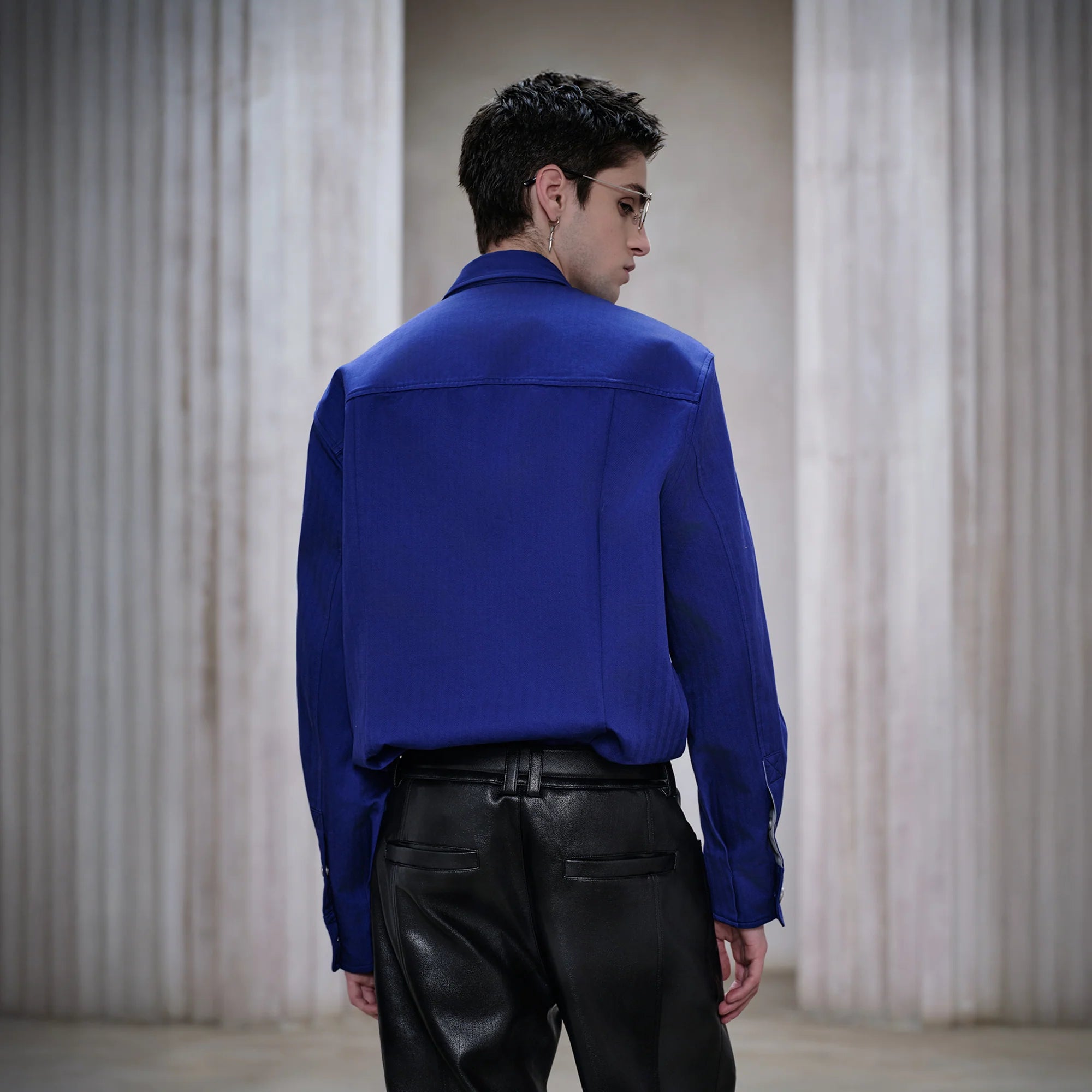 FACEONLAB Mental-Button Embroidered Badge-Patch Shirt Blue