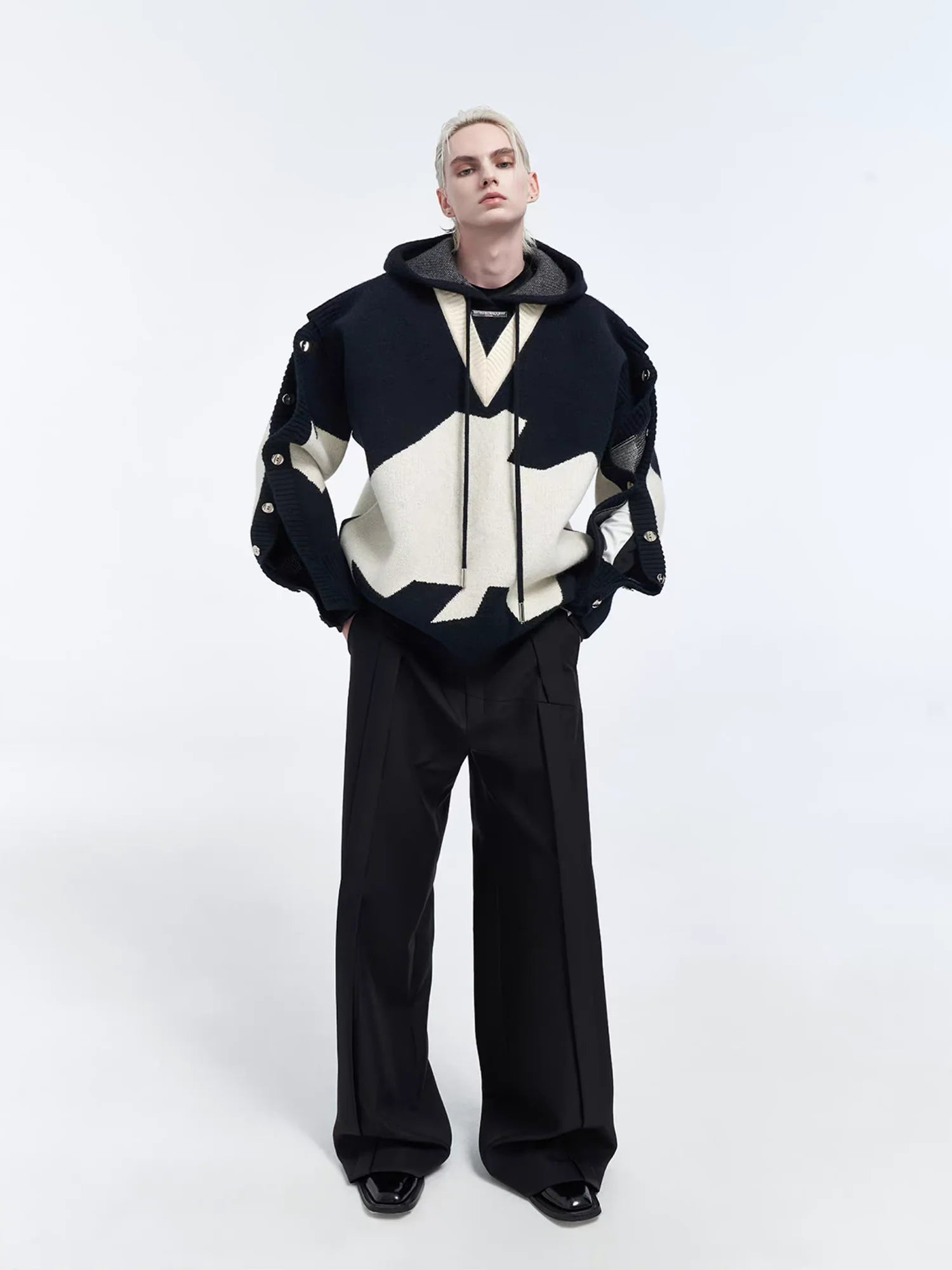 TIWILLTANG Contrast Layered Snap-Sleeves Knit Hoodie