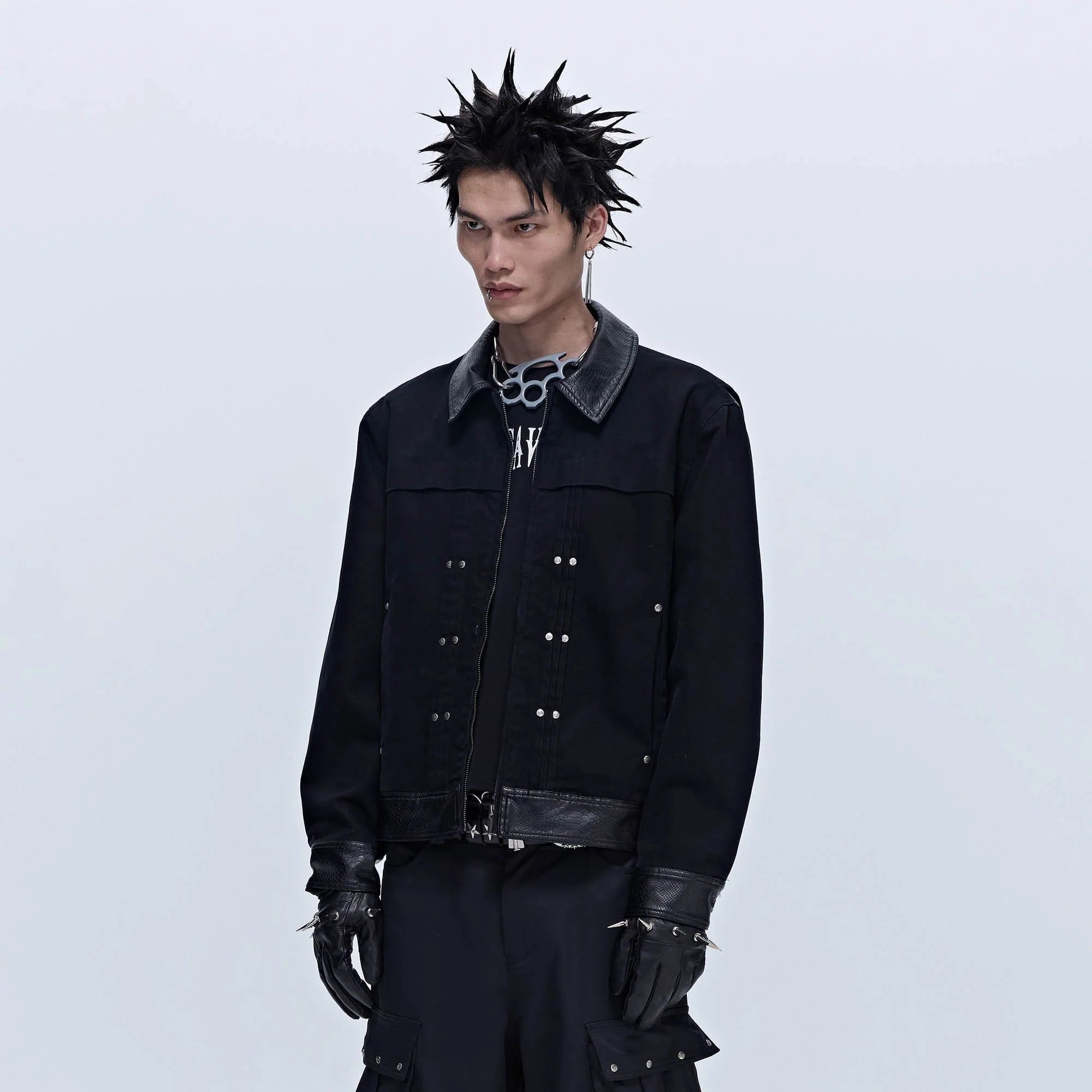 SAVAGEGROWTHWORLD Rivet Faux Leather Paneled Detroit Jacket