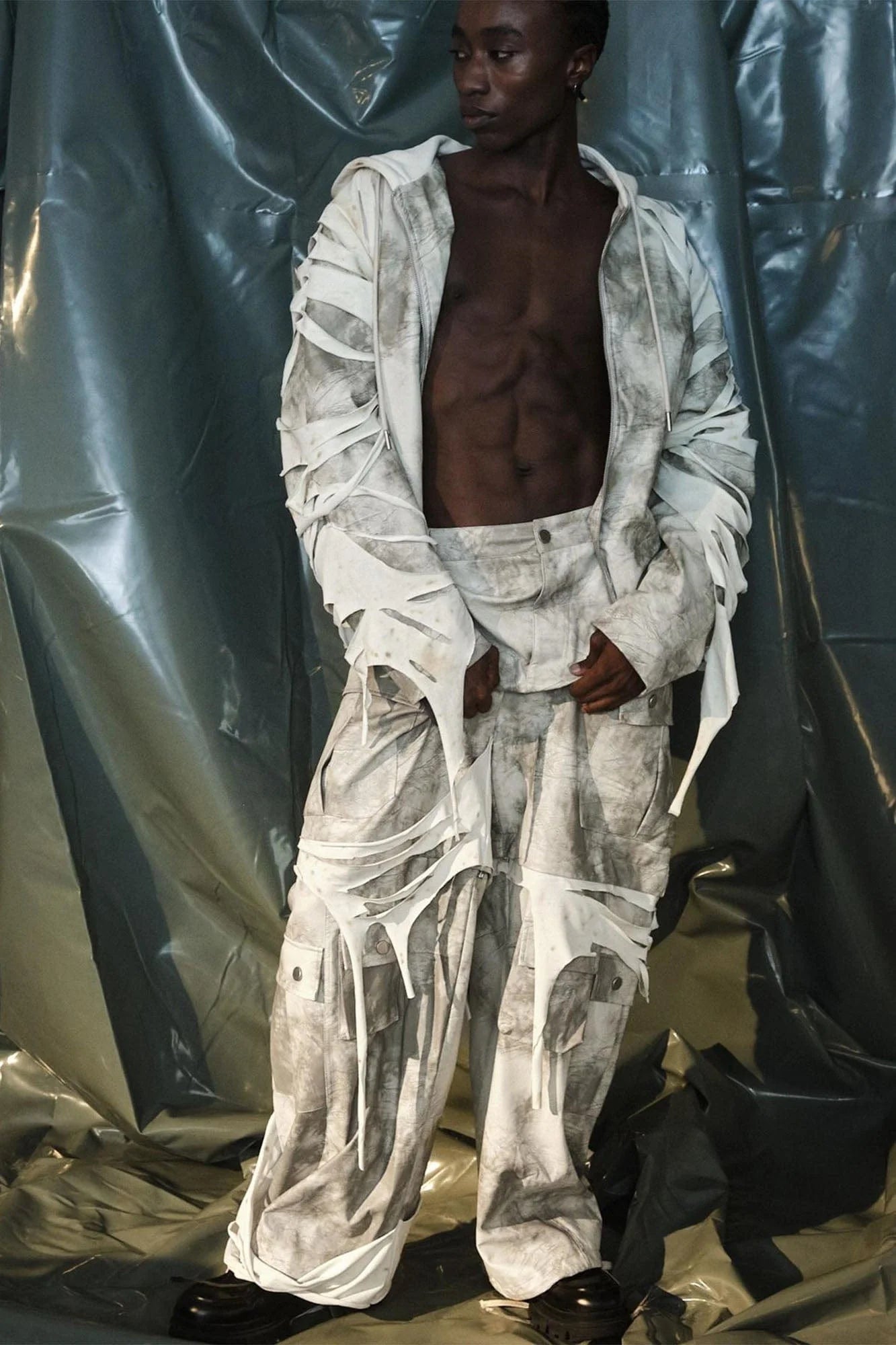 RECOVER ZONE Distressed Slashed PU Layered Hooded Jacket