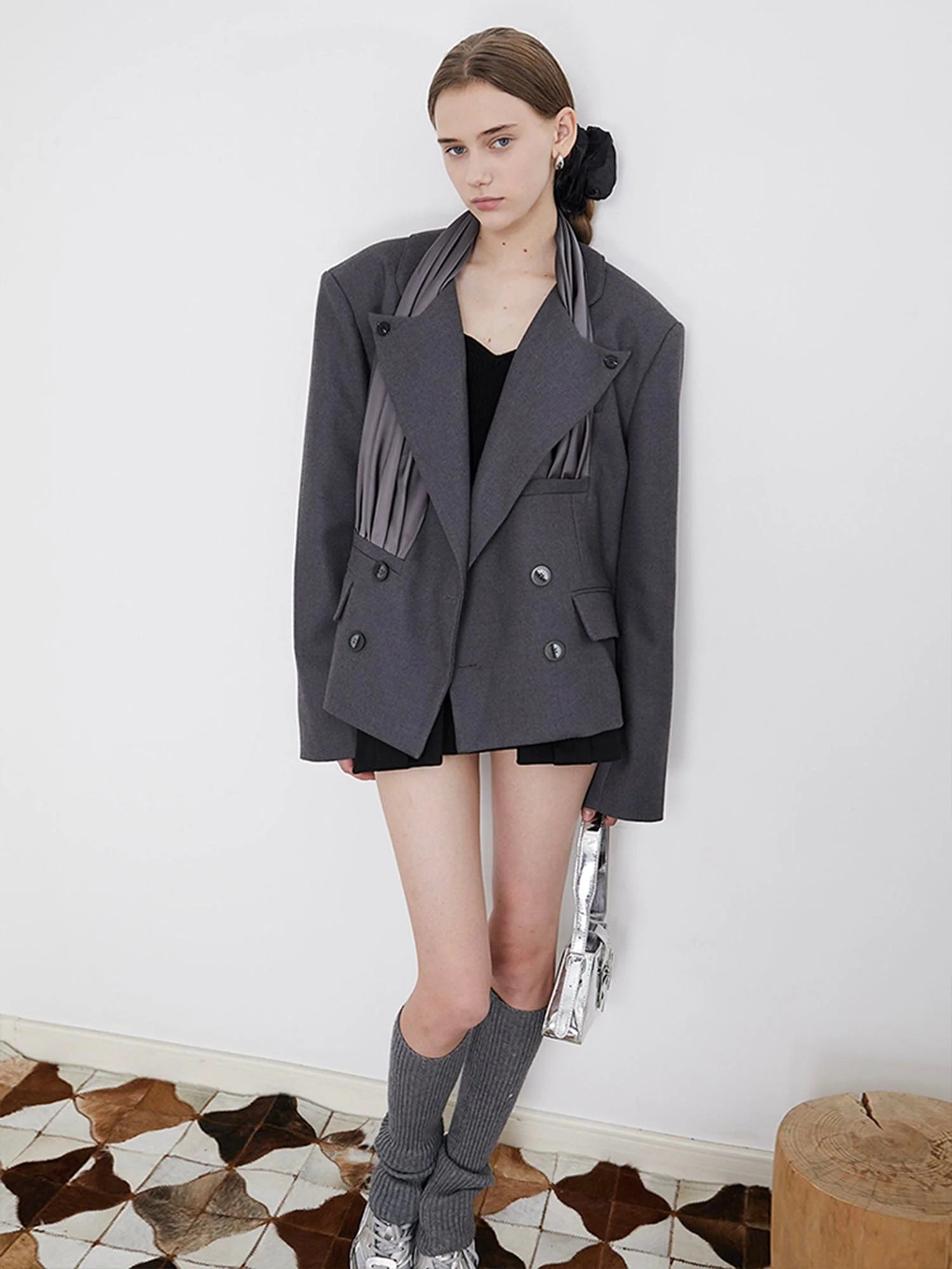 ASSEEN Pleated Panel Double-Breasted Blazer
