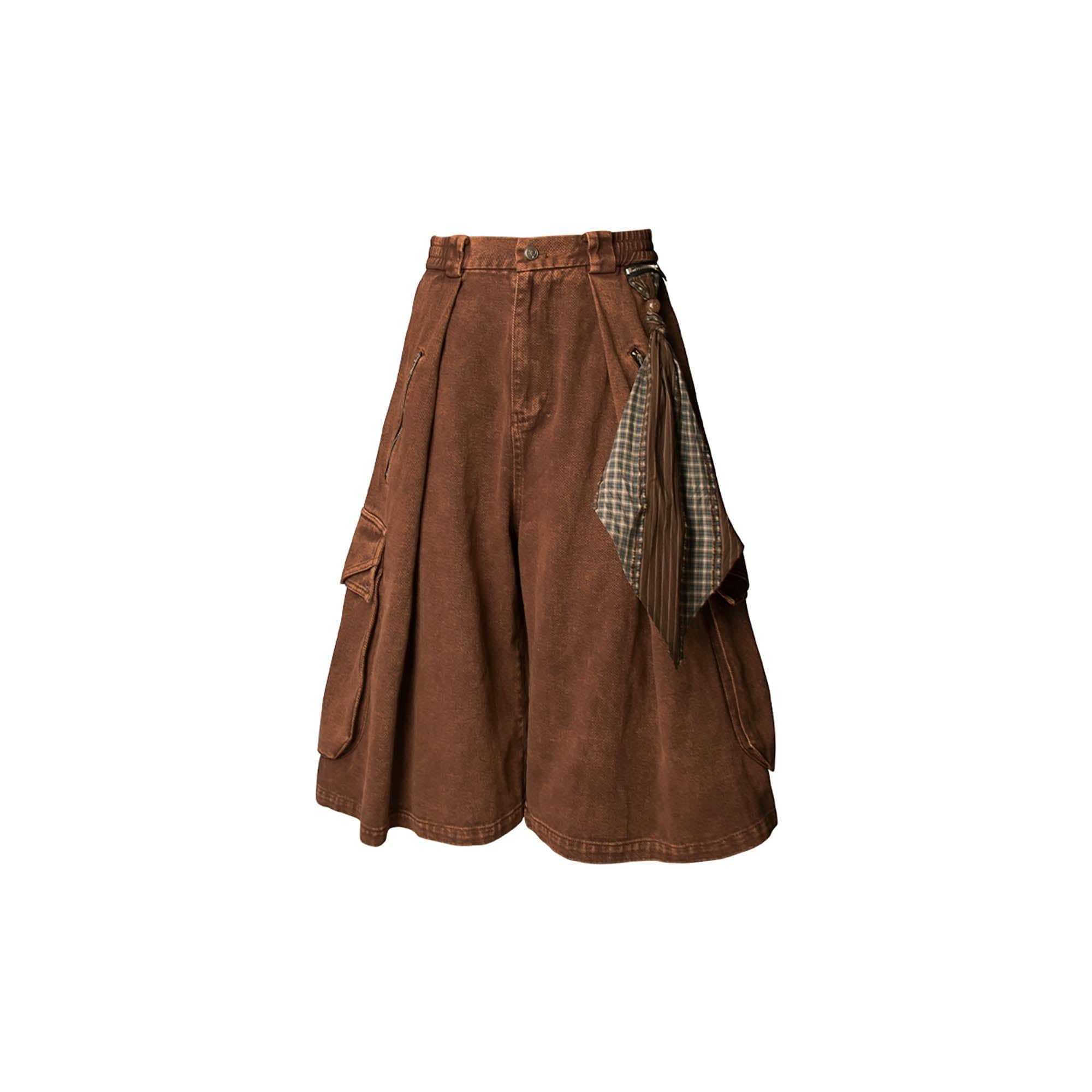 RELABEL Detachable Scarf Washed Multi-Pocket Wide-Leg Shorts Brown