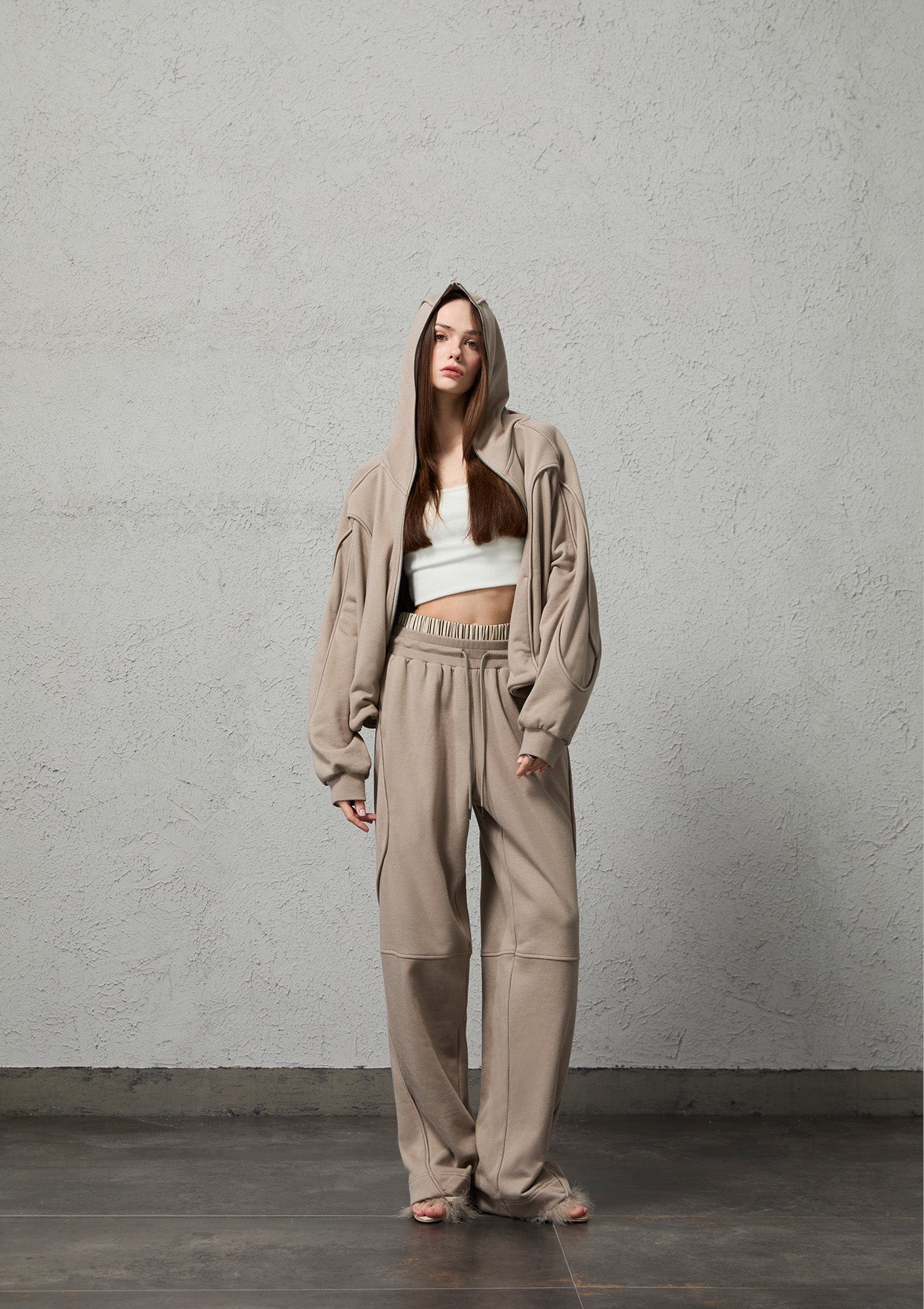 ORGANIC EMOTION Curved Panel Drawstring-Hem Zip-Up Hoodie