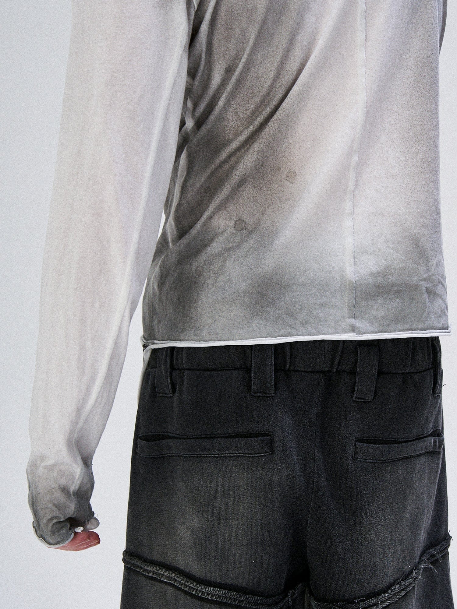 FLYERRER Washed Gradient Cross-Panel Raw-Edge Long-Sleeve Tee