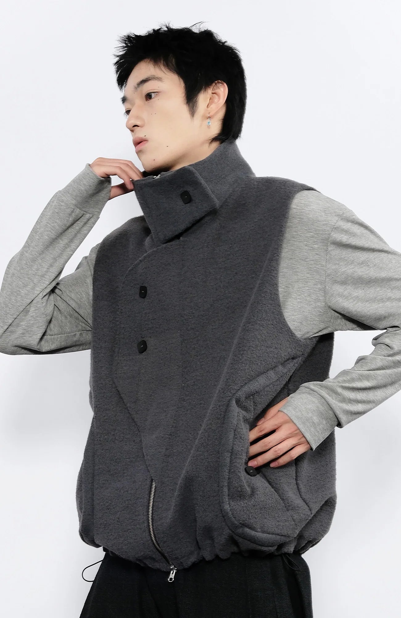 7440 37 1 Asym Placket Drawstring Hem Padded Vest