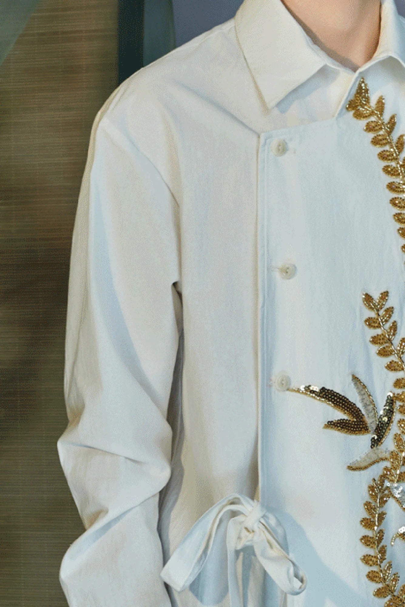 JIECHI Sequin Leaf Embroidered Asymmetrical Wrap Shirt