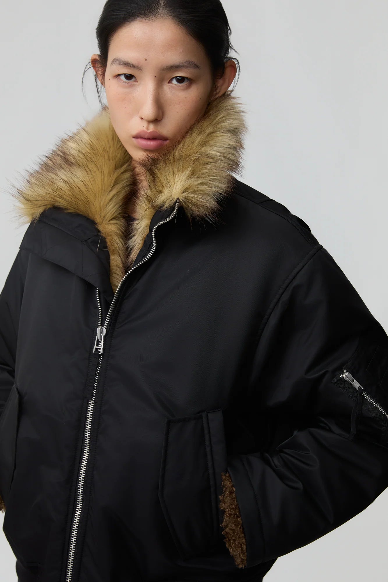 OPICLOTH Faux Fur-Lined Spliced Bomber Jacket