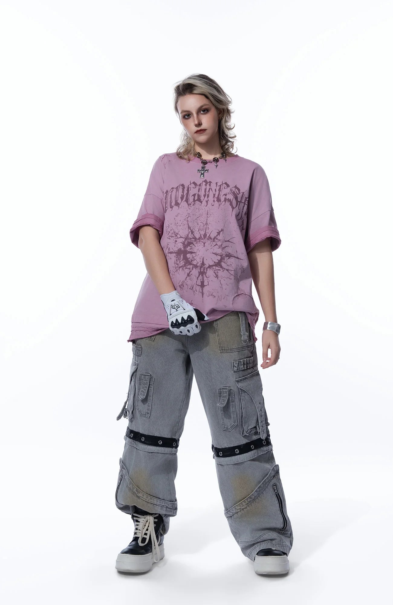 MOGONGSHE Detachable Bleach Washed Utility Cargo Jeans