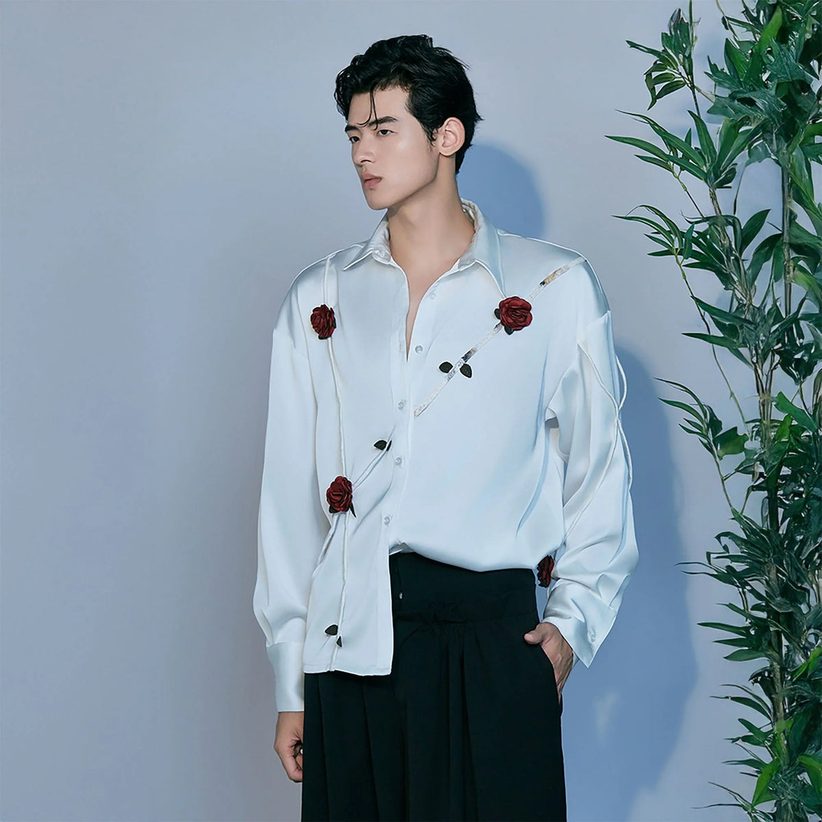 JIECHI Rose Embellished Acetate Spliced Shirt