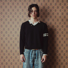 RICHILL Distressed V-Neck Coin-Button Wool Sweater