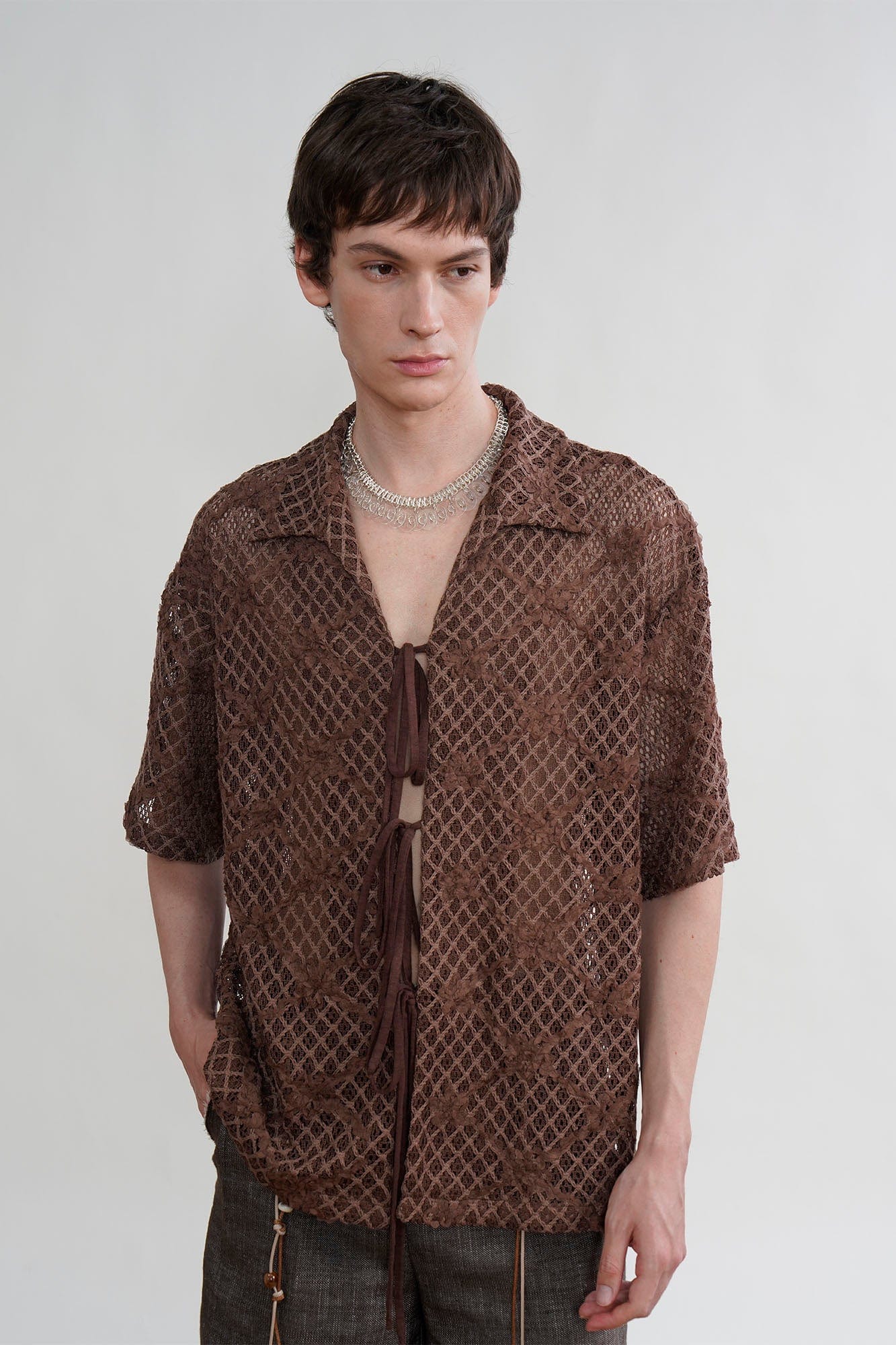 ORAL UTOPIA Crochet Tie-Front Sheer Cuban Half Shirt
