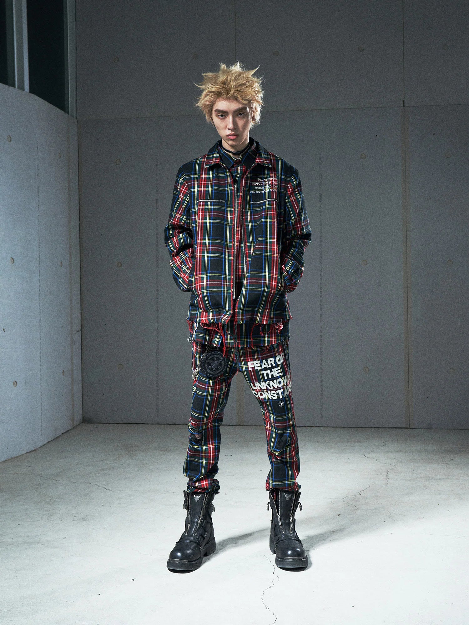 VENTUREK Punk Frayed Plaid Embroidered Jacket