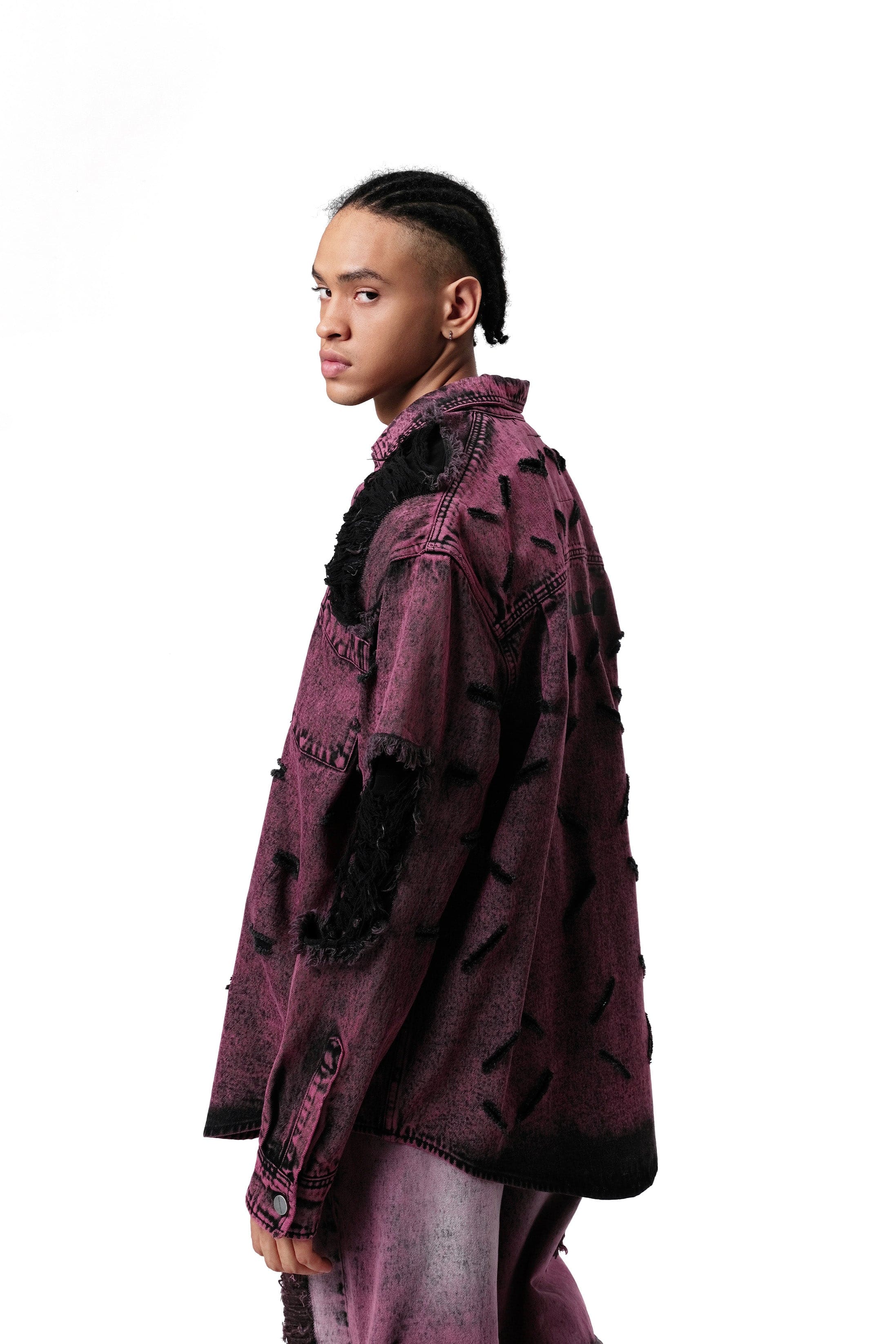 VANN VALRENCE Distressed Frayed Denim Shirt Jacket