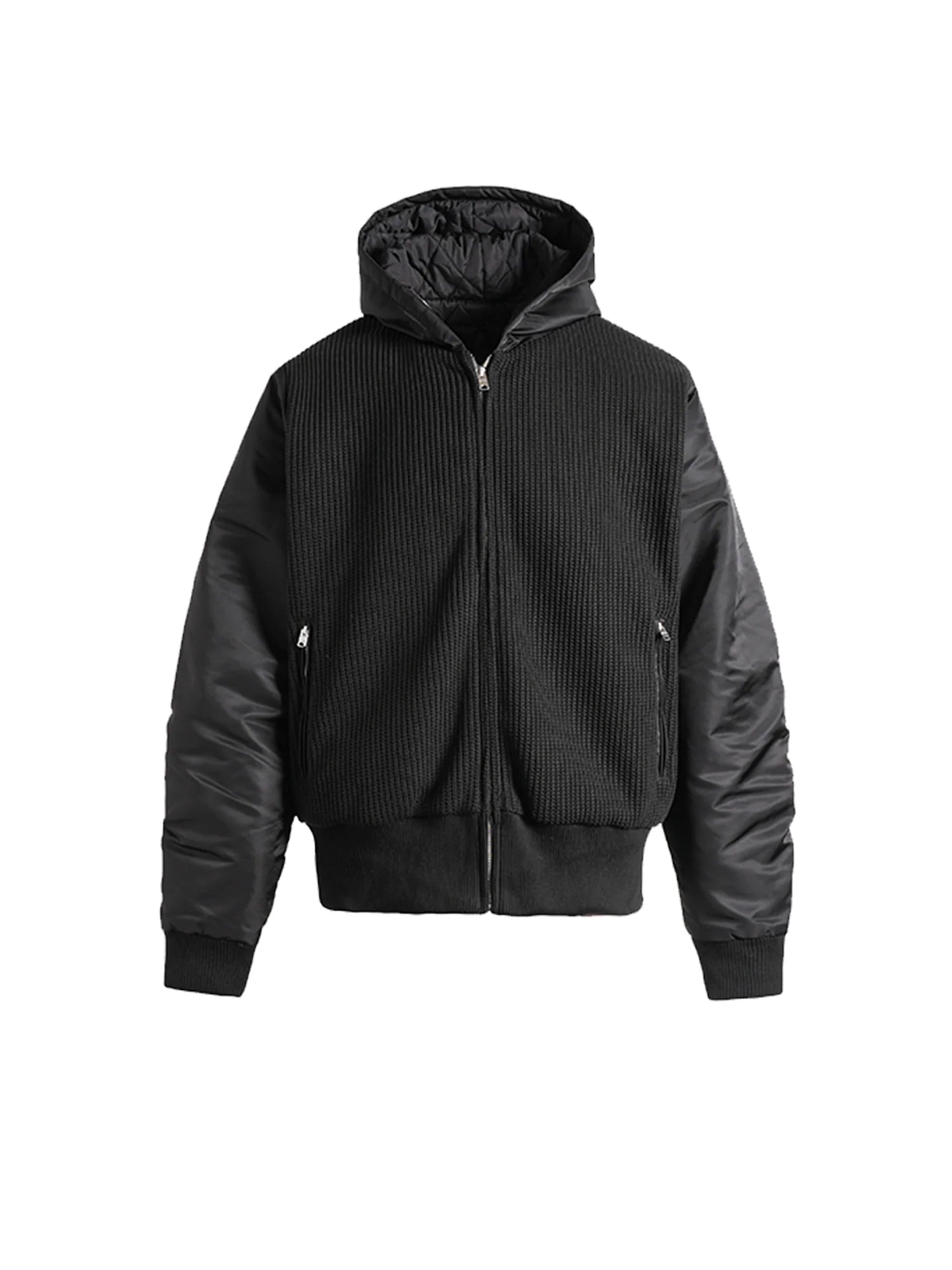 PMW Knitted Panel Ruched-Sleeve Hooded Jacket