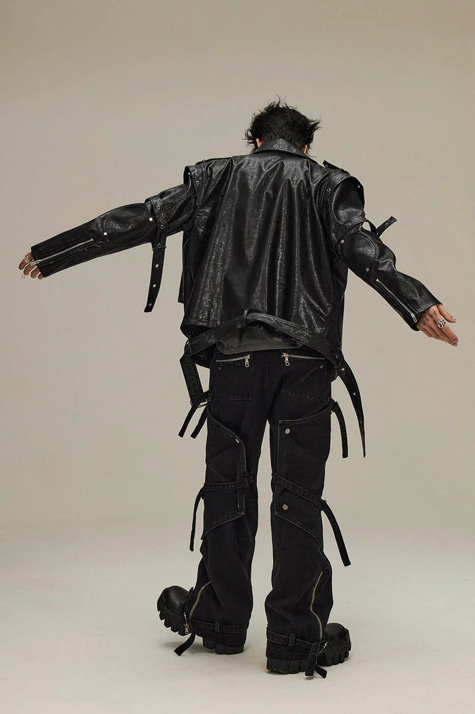FLYERRER Asymmetrical Hoop-Hole Faux Leather Jacket
