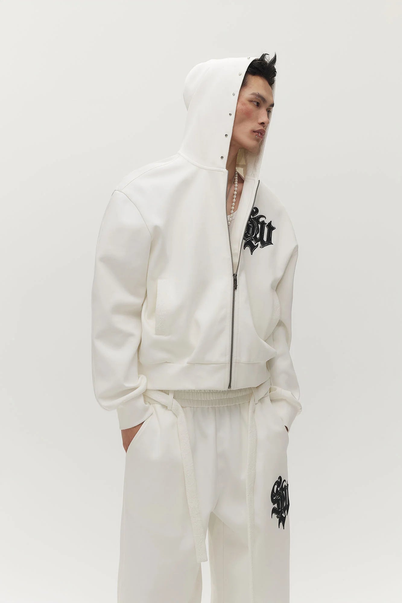 SAVAGEGROWTHWORLD Gothic Lettering Embroidered Zip-Up Hoodie