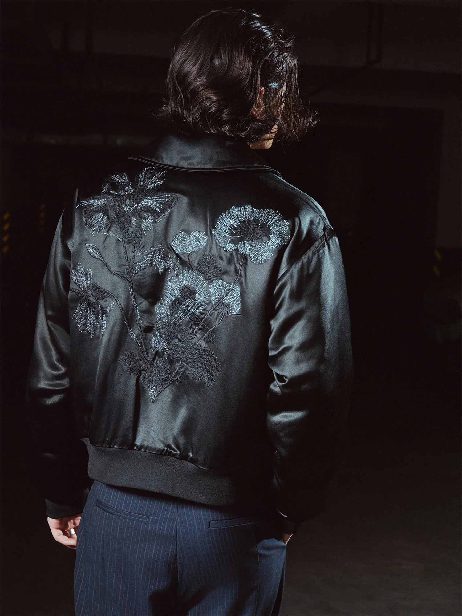RICHILL Floral Embroidered Acetate Bomber Jacket