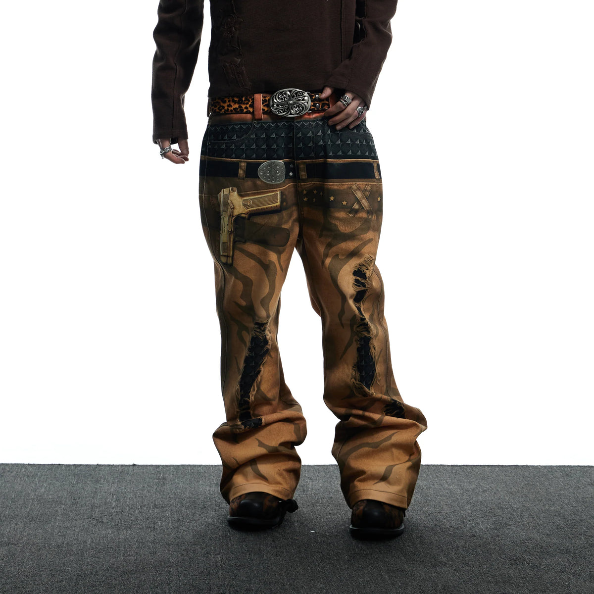 DND4DES Distressed Print Double-Waist Flare Jeans Khaki
