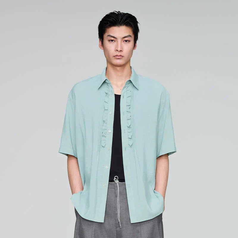 OPICLOTH Retro Pintuck Ruffle Modal Blend Half Shirt