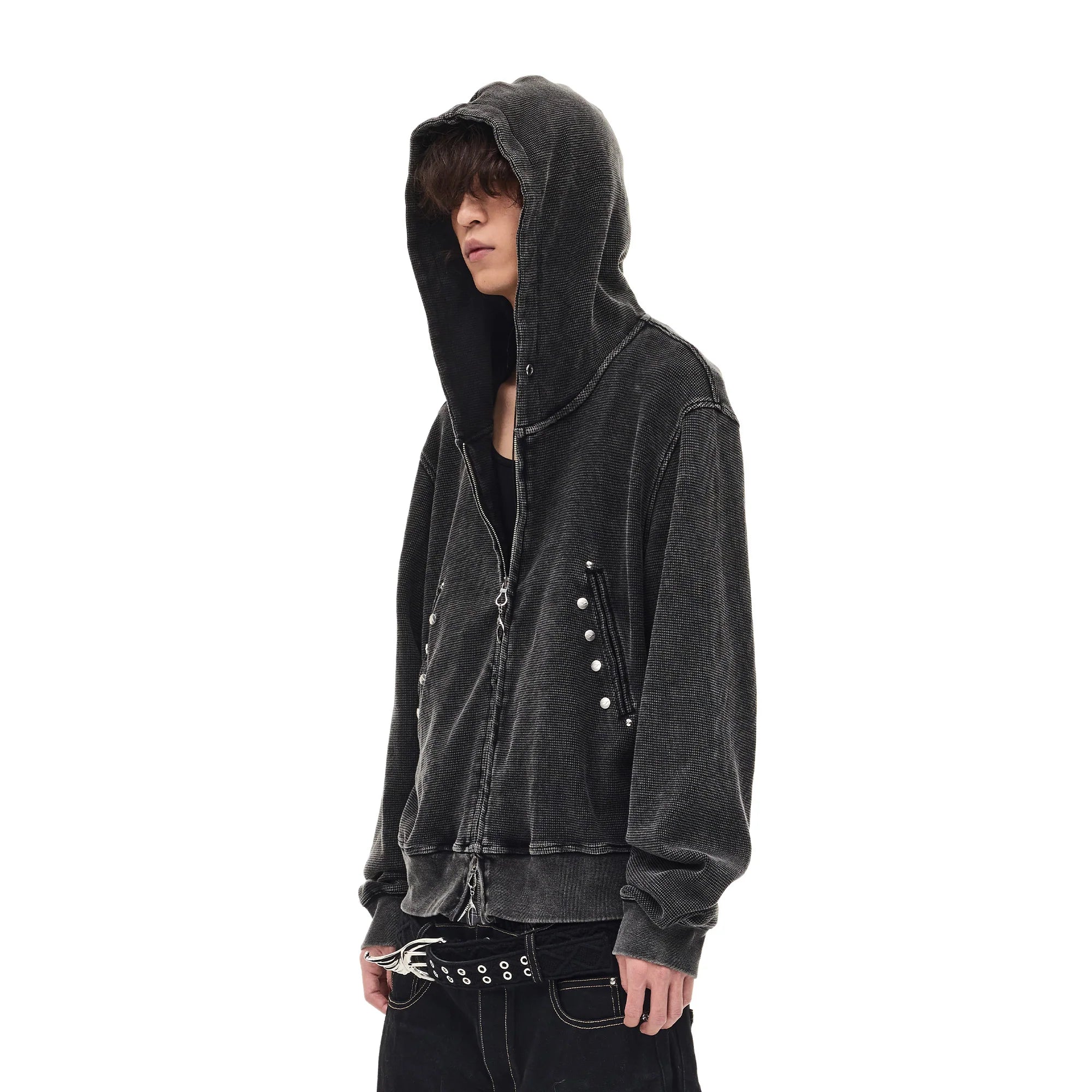 WHISTLEHUNTER Washed Waffle Studded Zip-Up Hoodie