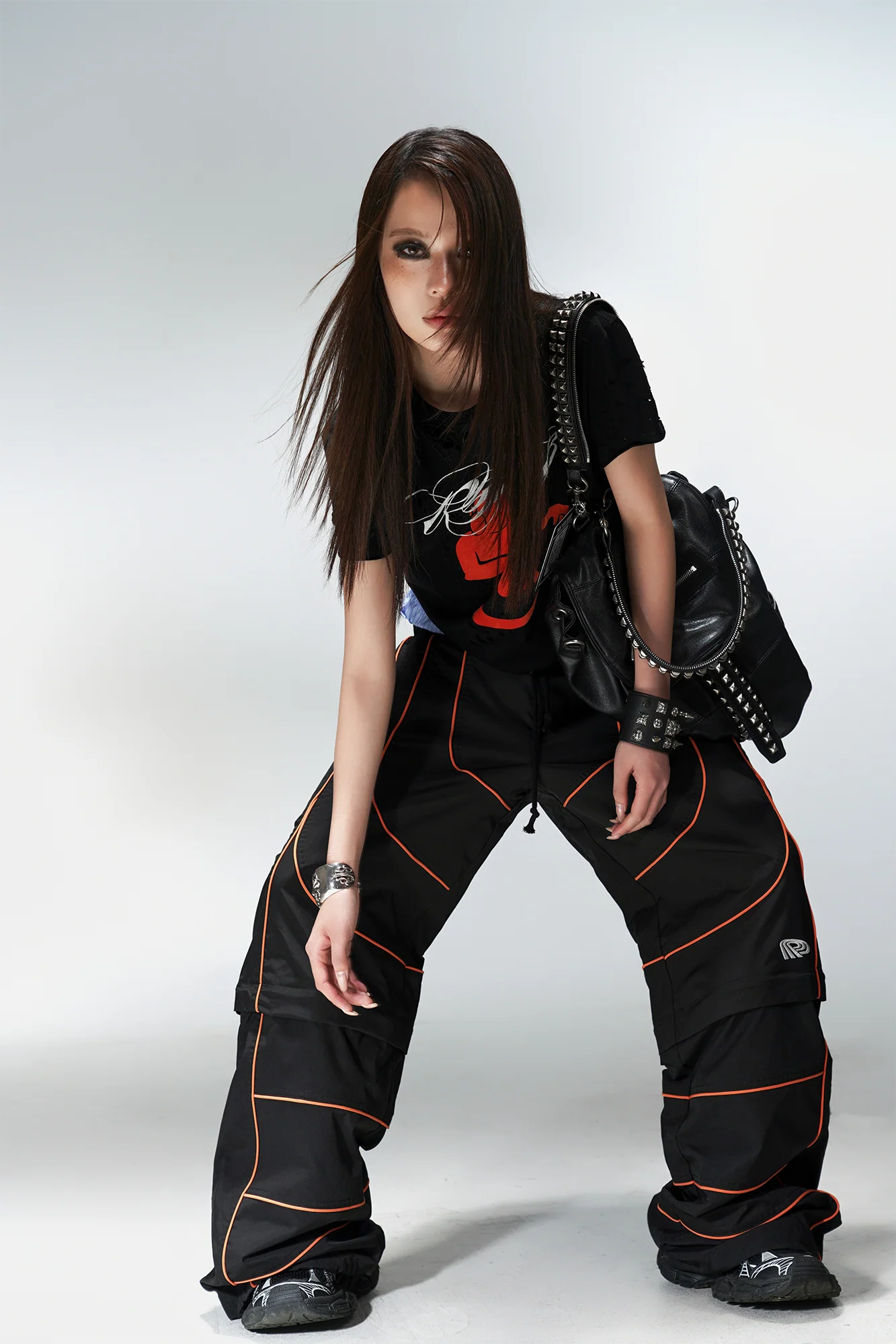 PCCVISION Contrast-Stitch Detachable Paneled Wide-Leg Pants