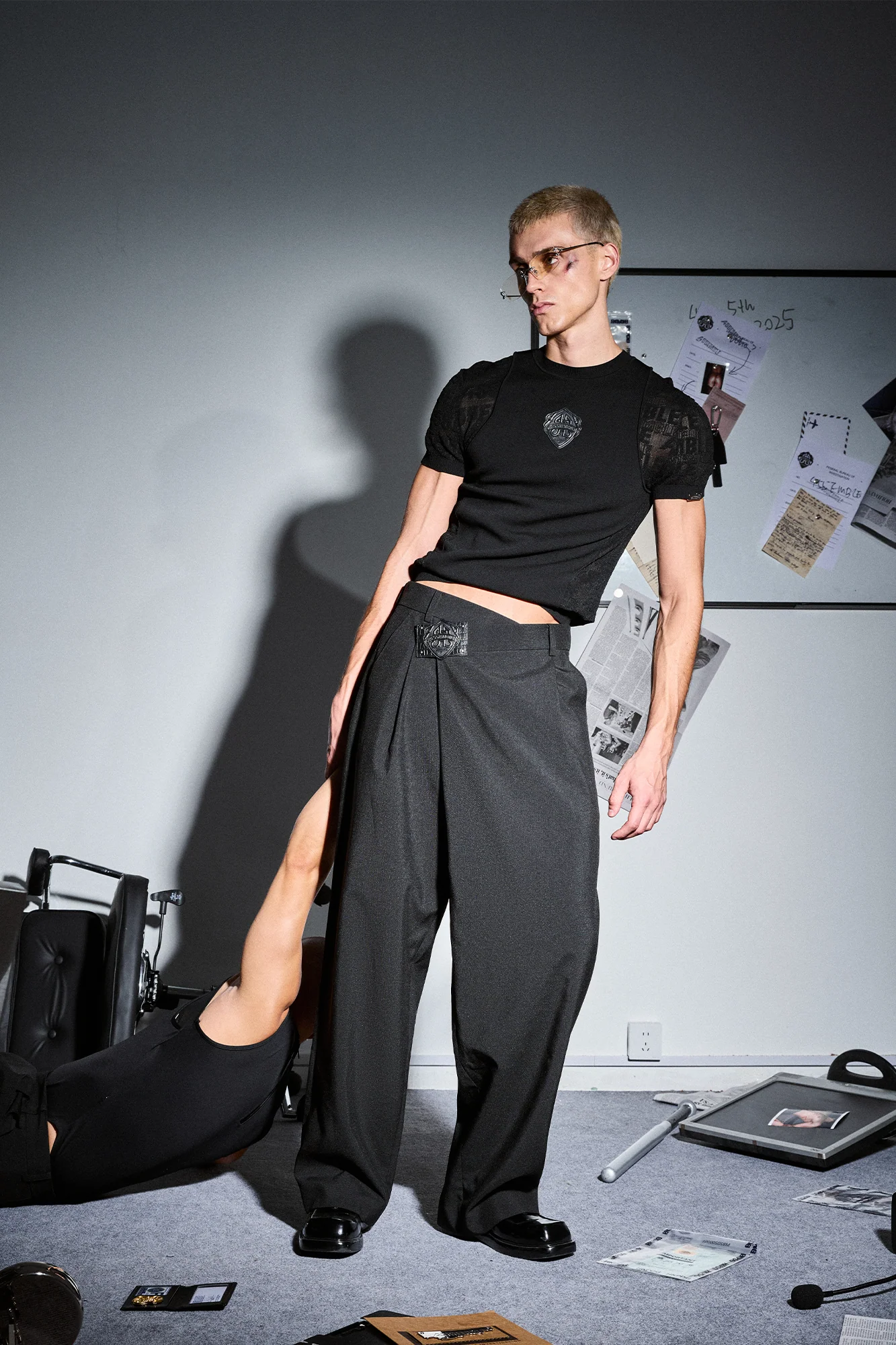 455EMBLE Asymmetric Waist Patch Wide-Leg Trousers
