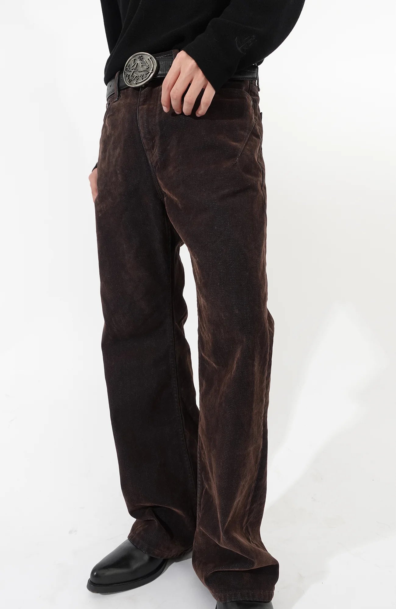 IN EXISTENCE Star Embroidered Herringbone Flocked Flare Jeans