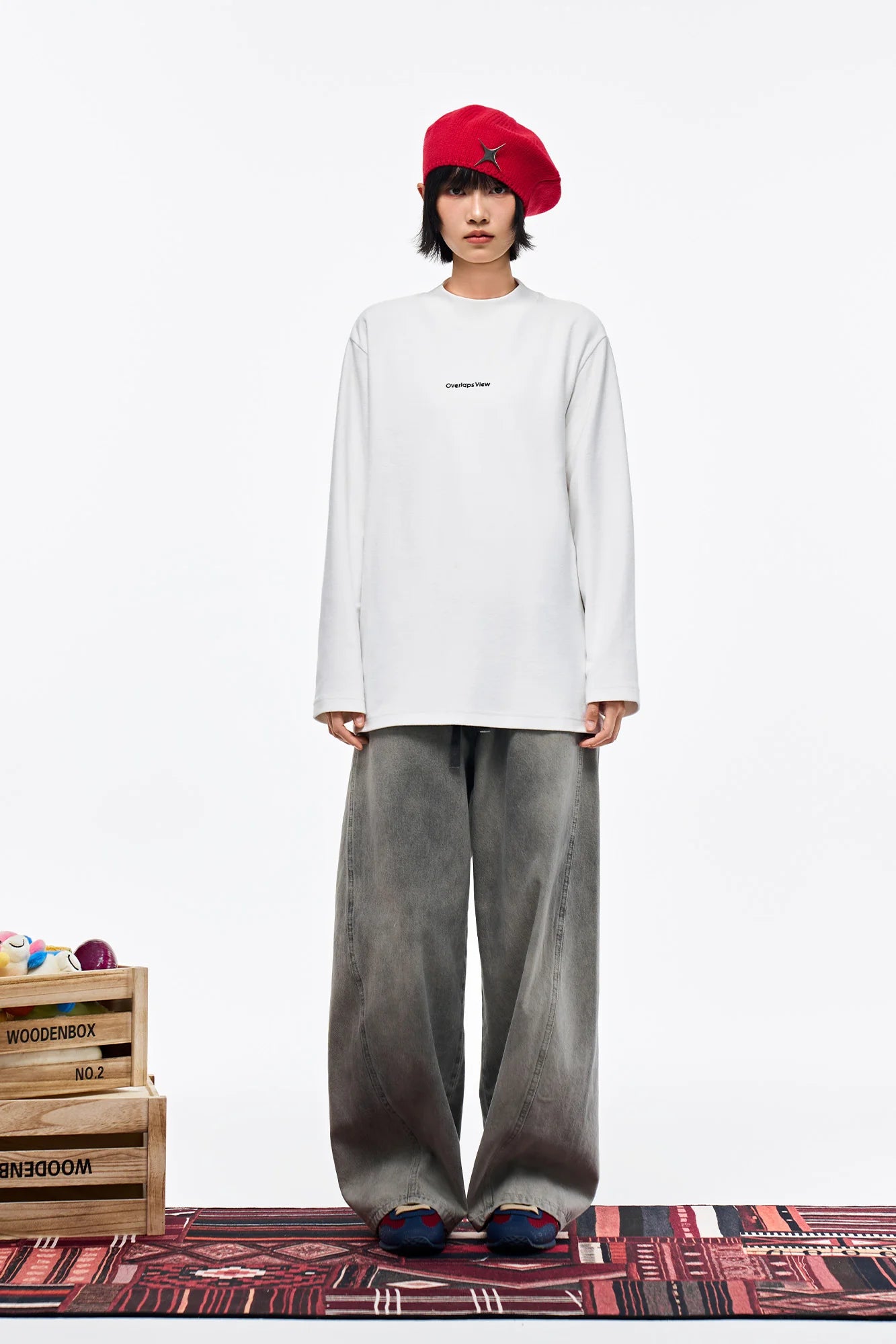 OVERLAPS Washed Drawstring Wide-Leg Jeans