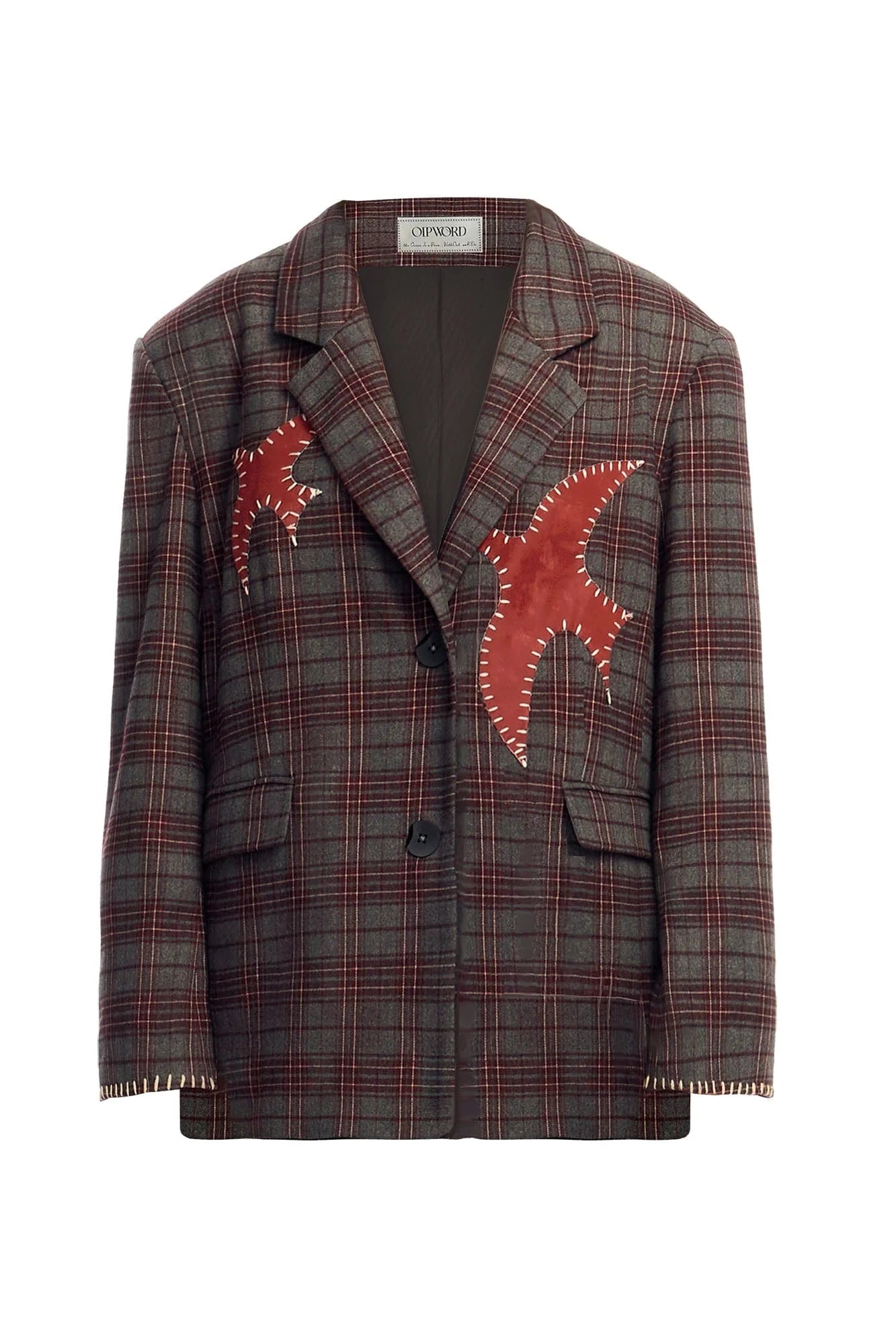 OIPWORD Retro Birds Patchwork Plaid Blazer