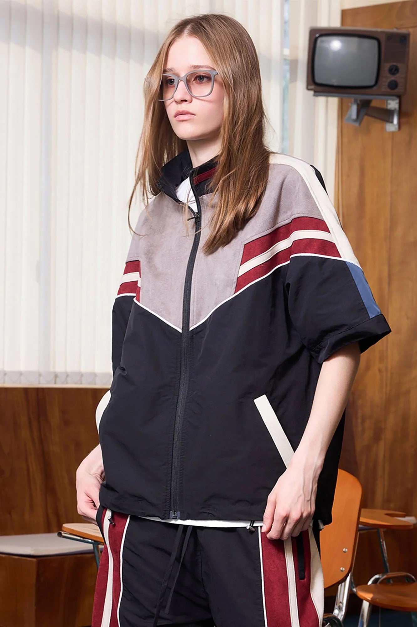 ERROR CODE ROBOT Diagonal Stripe Suede Track Half Jacket