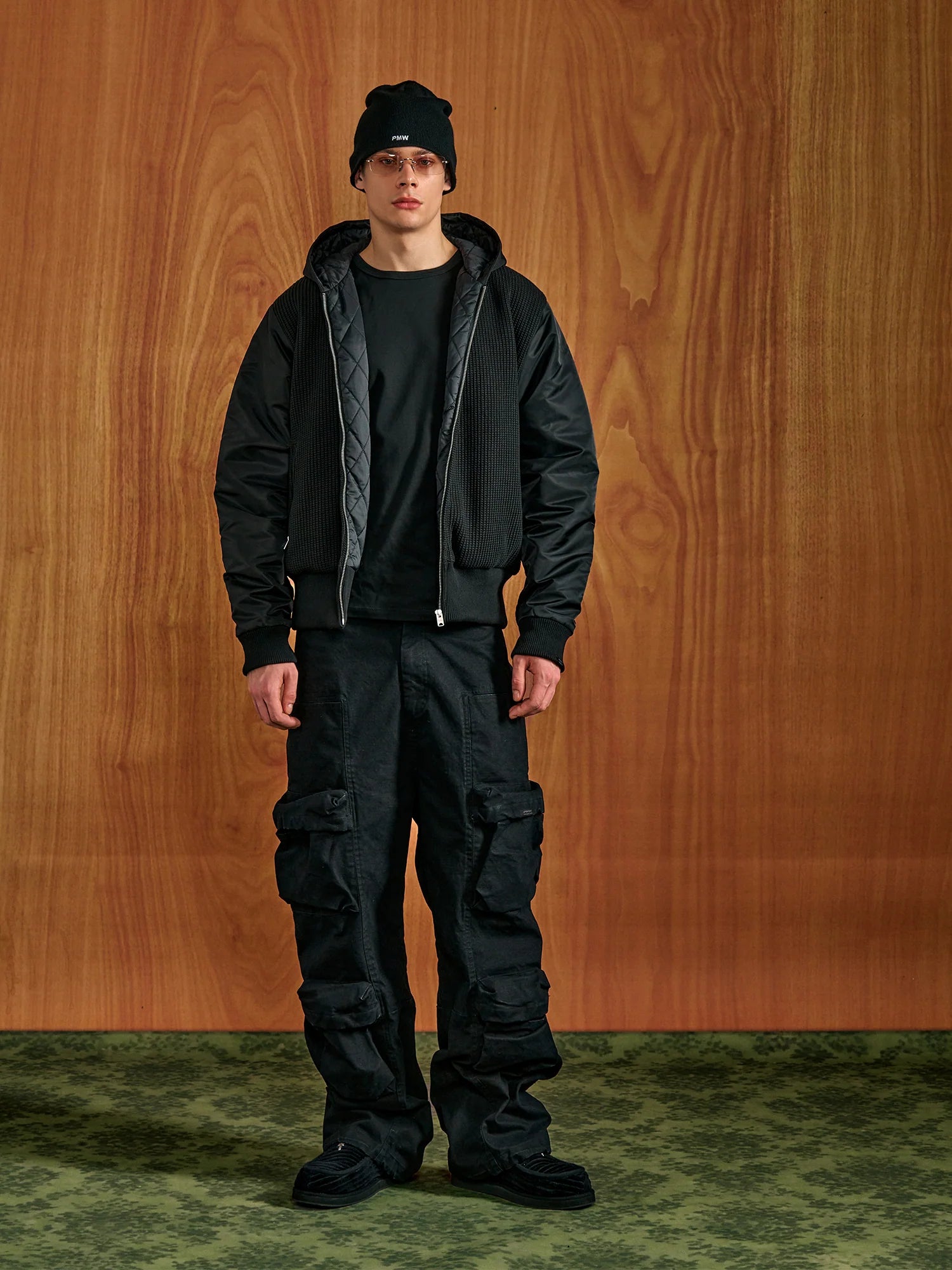 PMW Knitted Panel Ruched-Sleeve Hooded Jacket