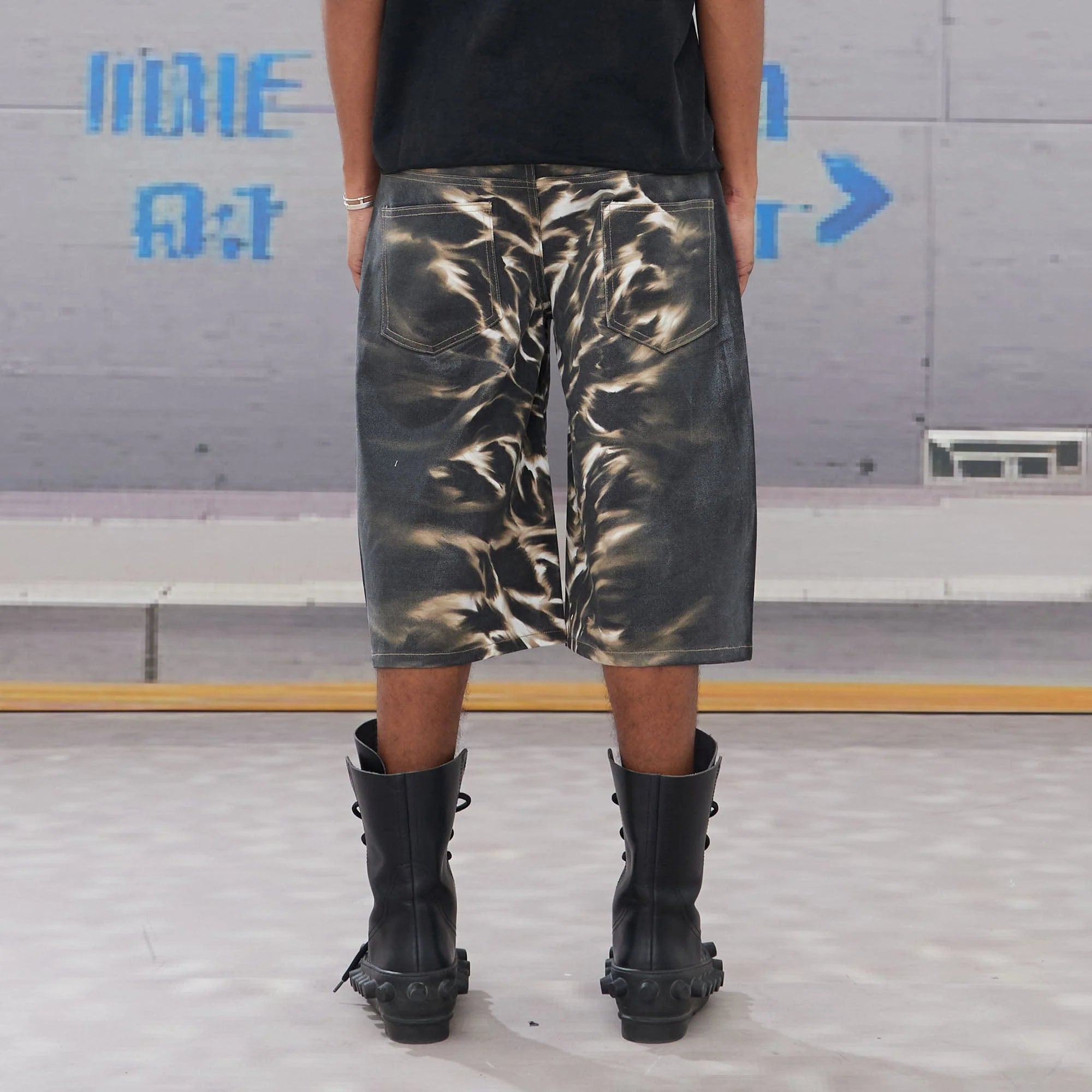 DND4DES Abstract Leopard Double-Waistband Denim Shorts