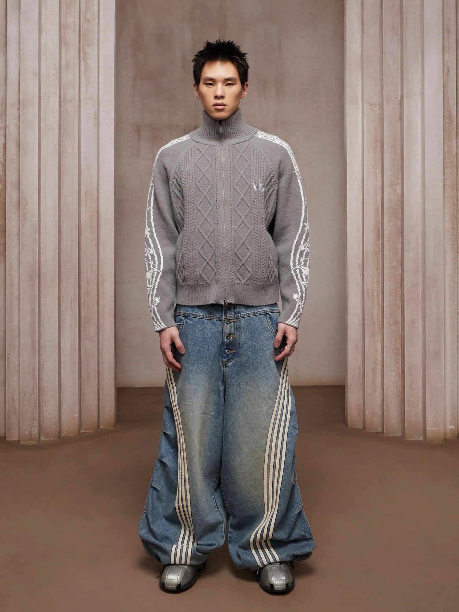 DND4DES Washed Ruched Striped Baggy Jeans