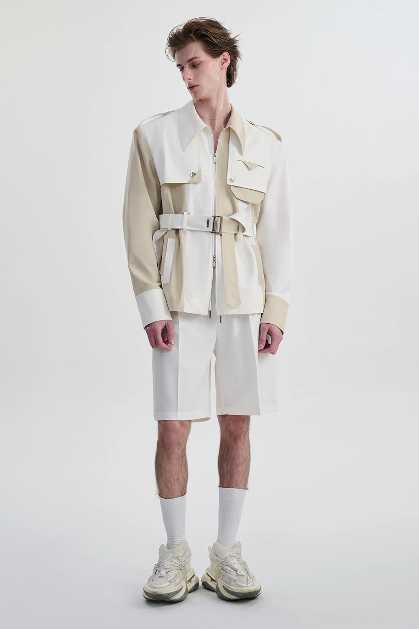 TIWILLTANG Contrast Deconstructed Belted Zip-Up Shirt