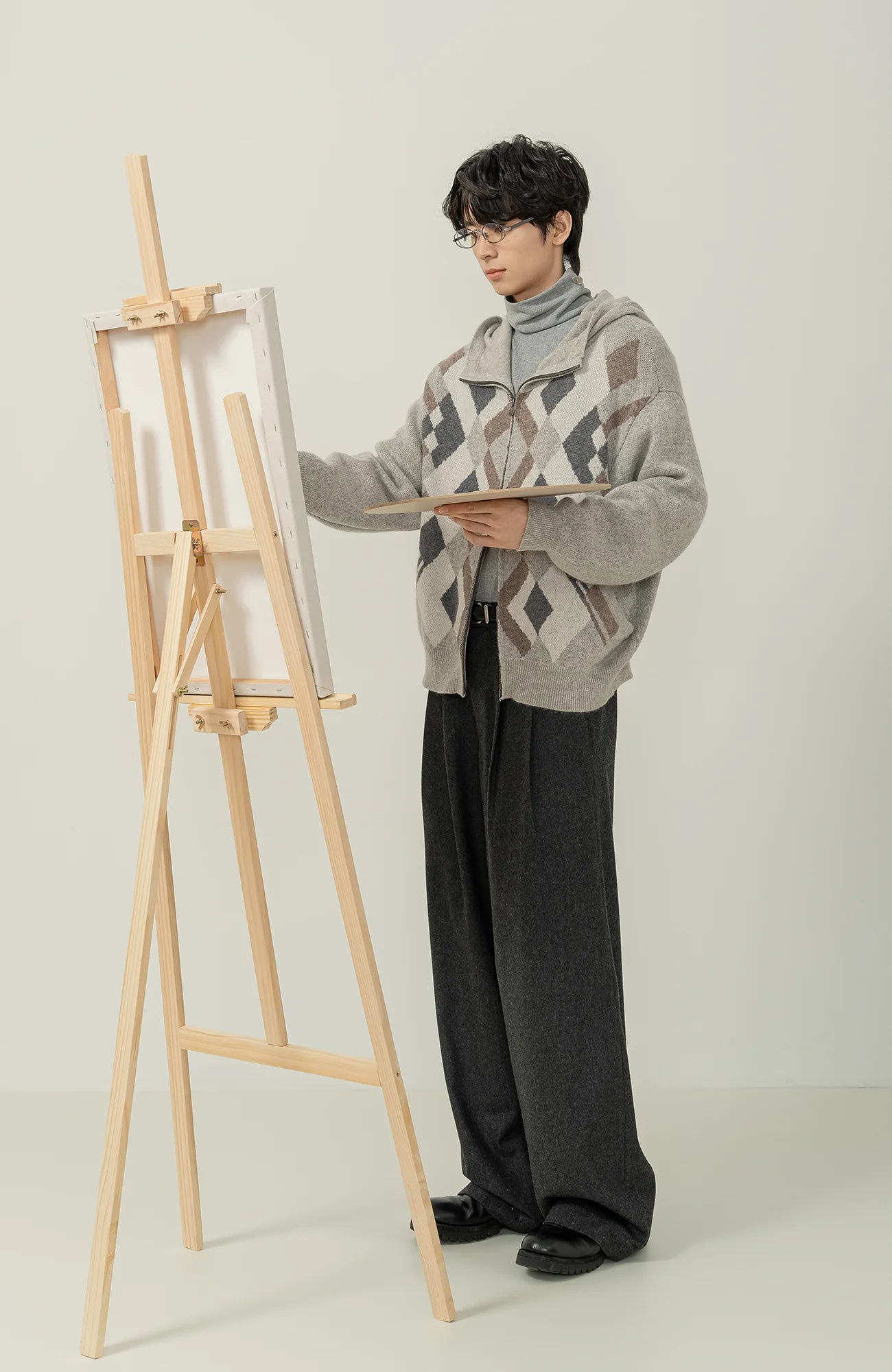 MOITIEDEPETALE Argyle Dual Zip Hooded Cardigan