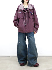 RELABEL Distressed Plaid Hood Oversized Jacket
