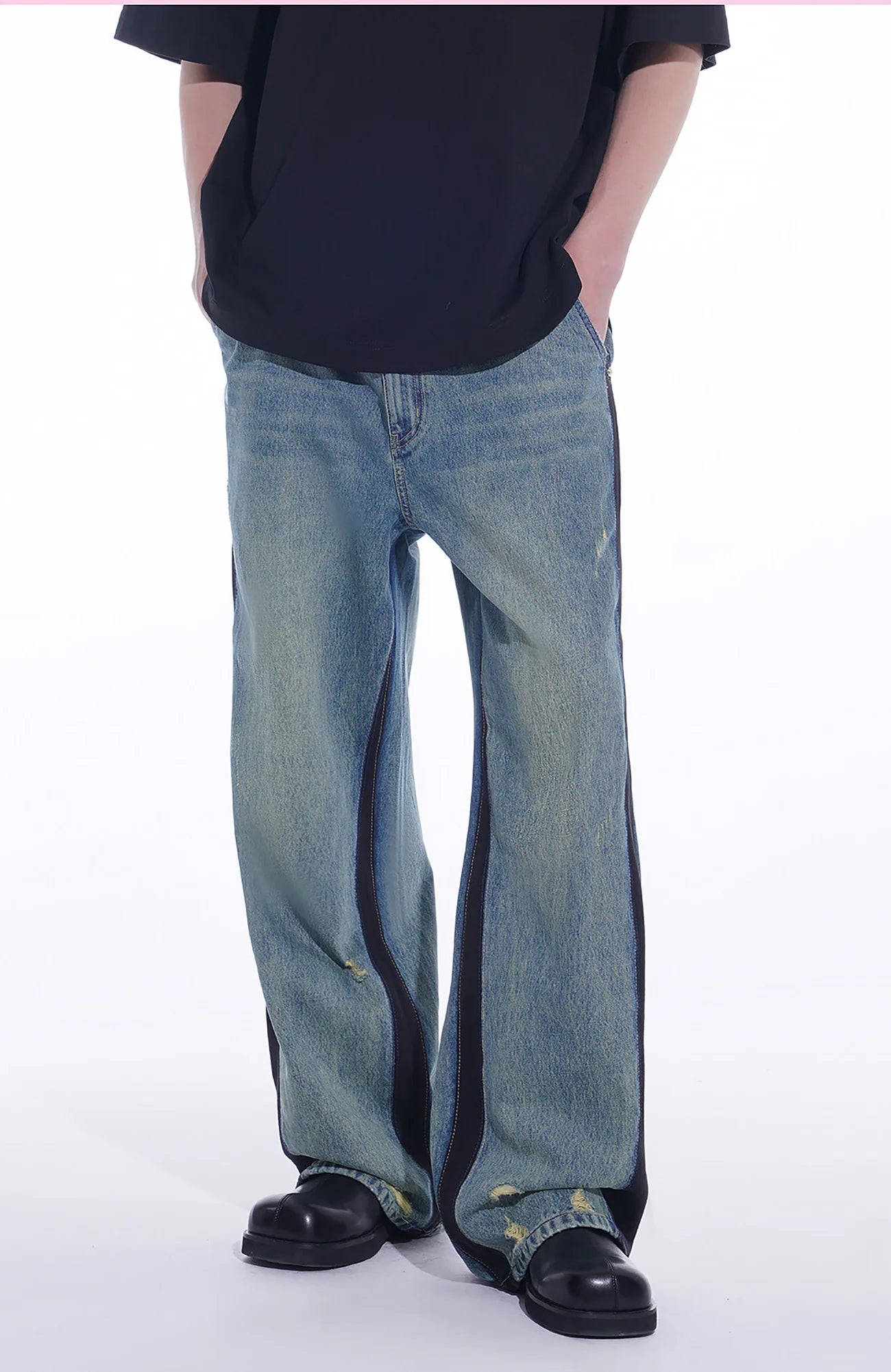 TIWILLTANG Distressed Contrast Paneled Wide-Leg Jeans