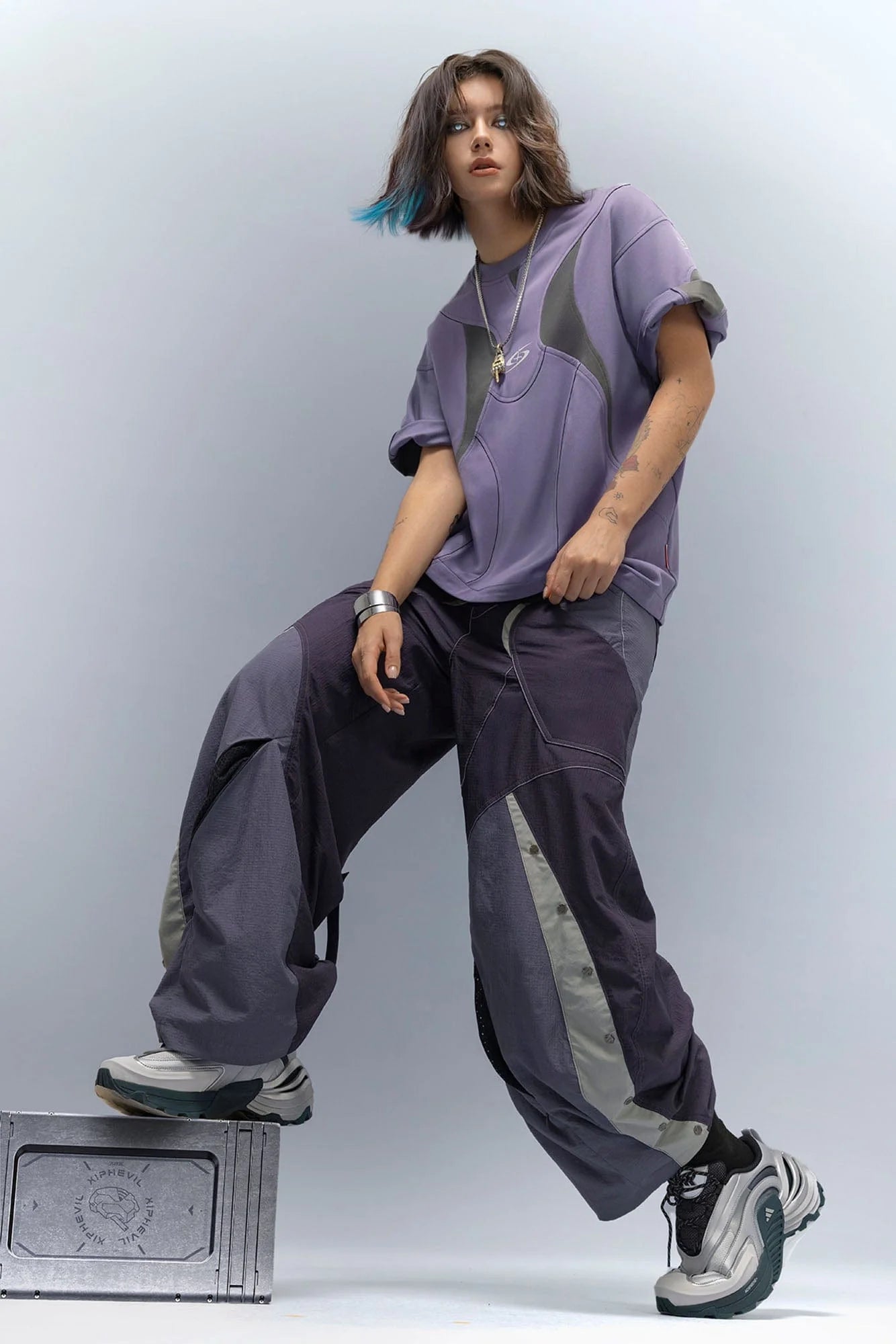XIPHEVIL Deconstructed Contrast Panel Utility Curved Pants