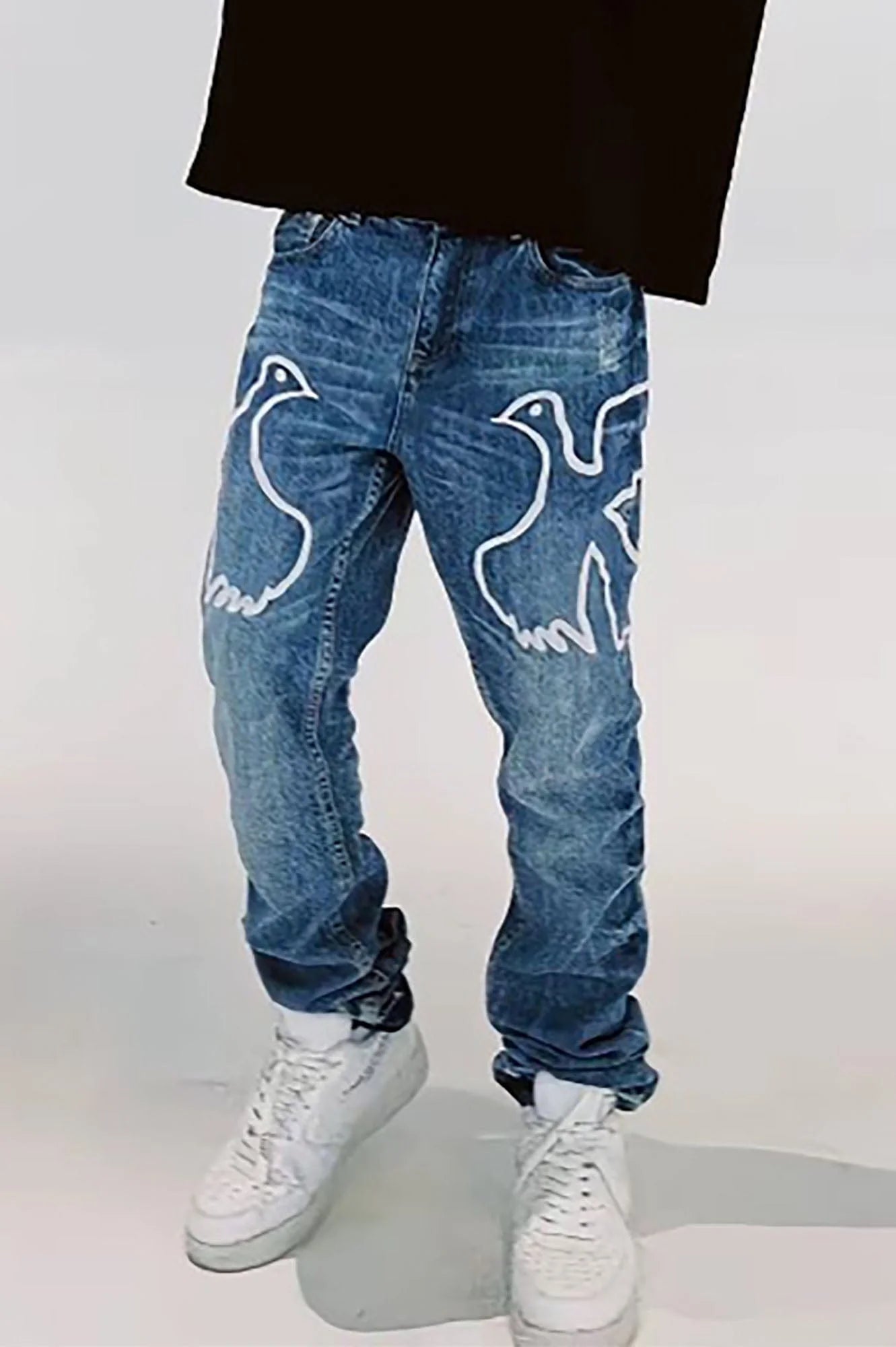 VINKID Dove Embroidered Distressed Stacked Jeans