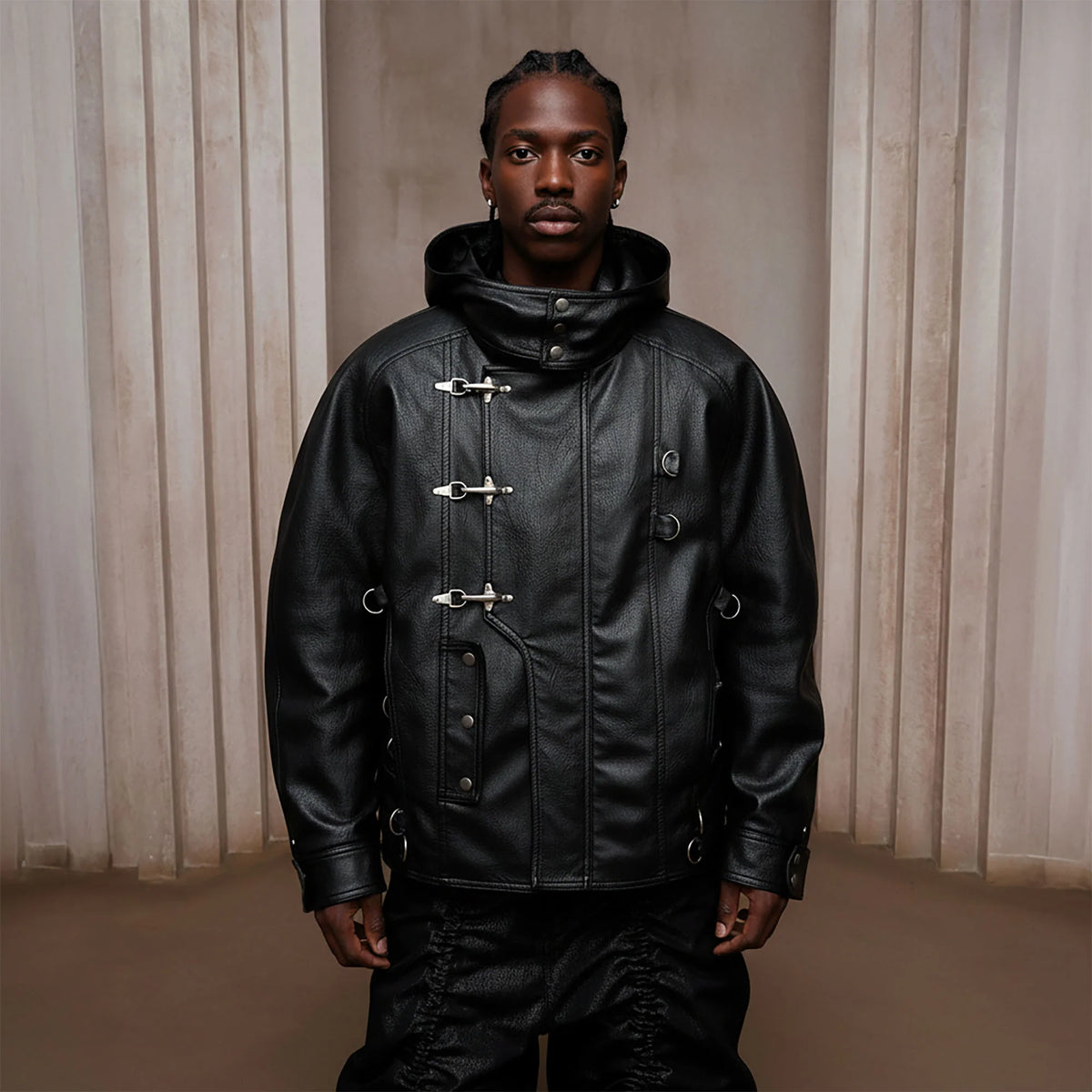 DND4DES Retro Buckle Faux Leather Hooded Jacket