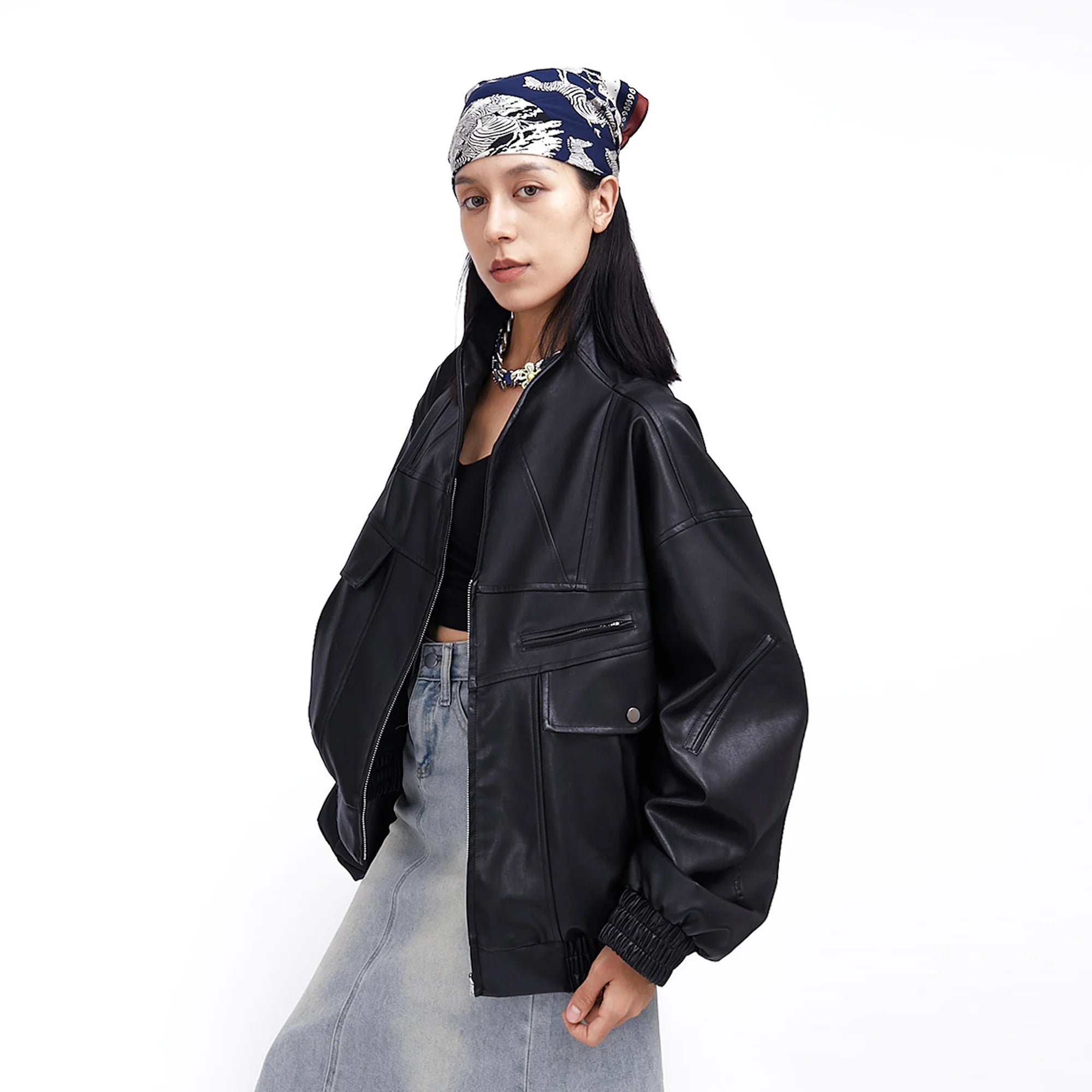 ASSEEN Oversized Paneled Utility Faux Leather Jacket