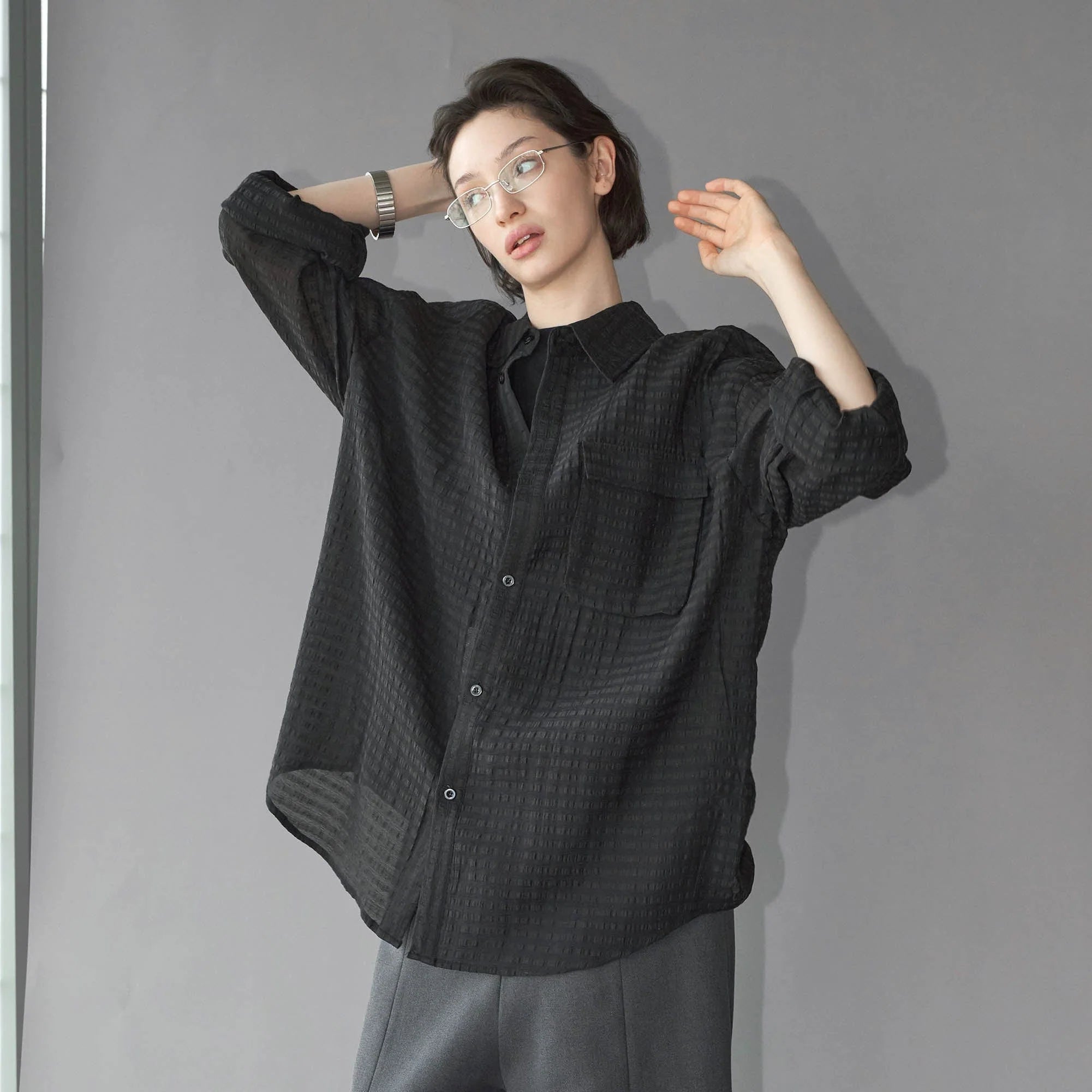 LABELROOM Sheer Textured Grid Oversized Shirt