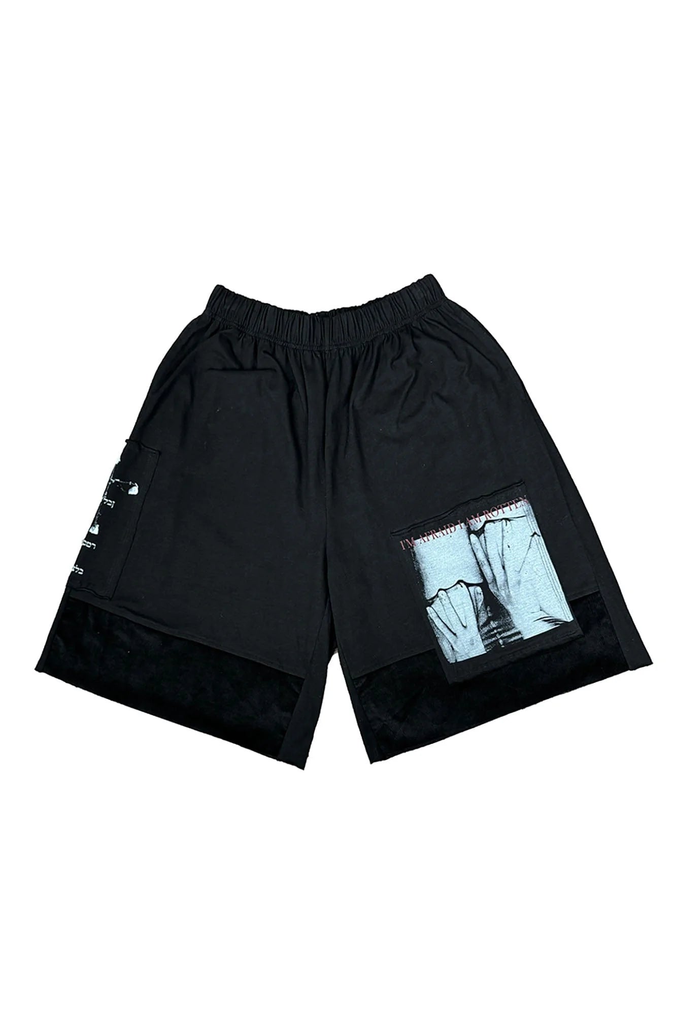 RICHILL Graphic Patchwork Raw Hem Drawstring Shorts