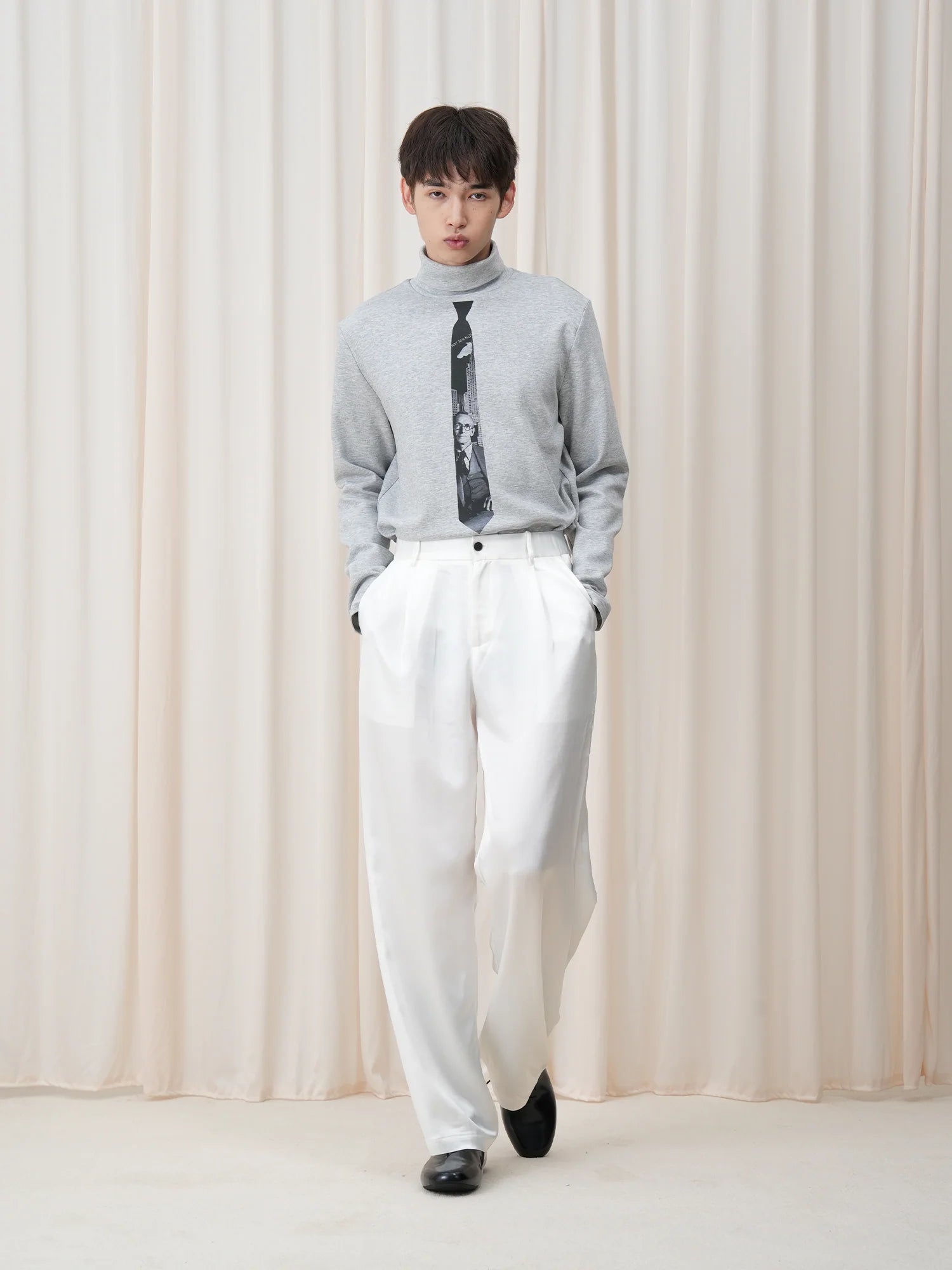 OUYANG WENJUN Tie-Graphic Turtleneck Long-Sleeve Tee