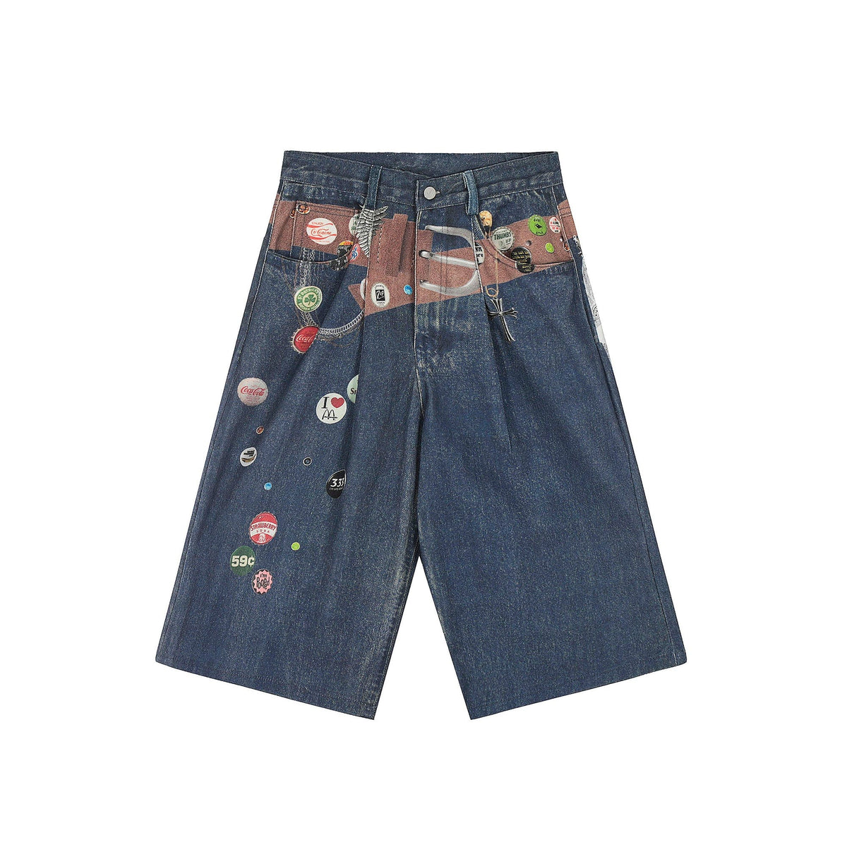 CLP Badge Belt Graphic Cropped Denim Shorts
