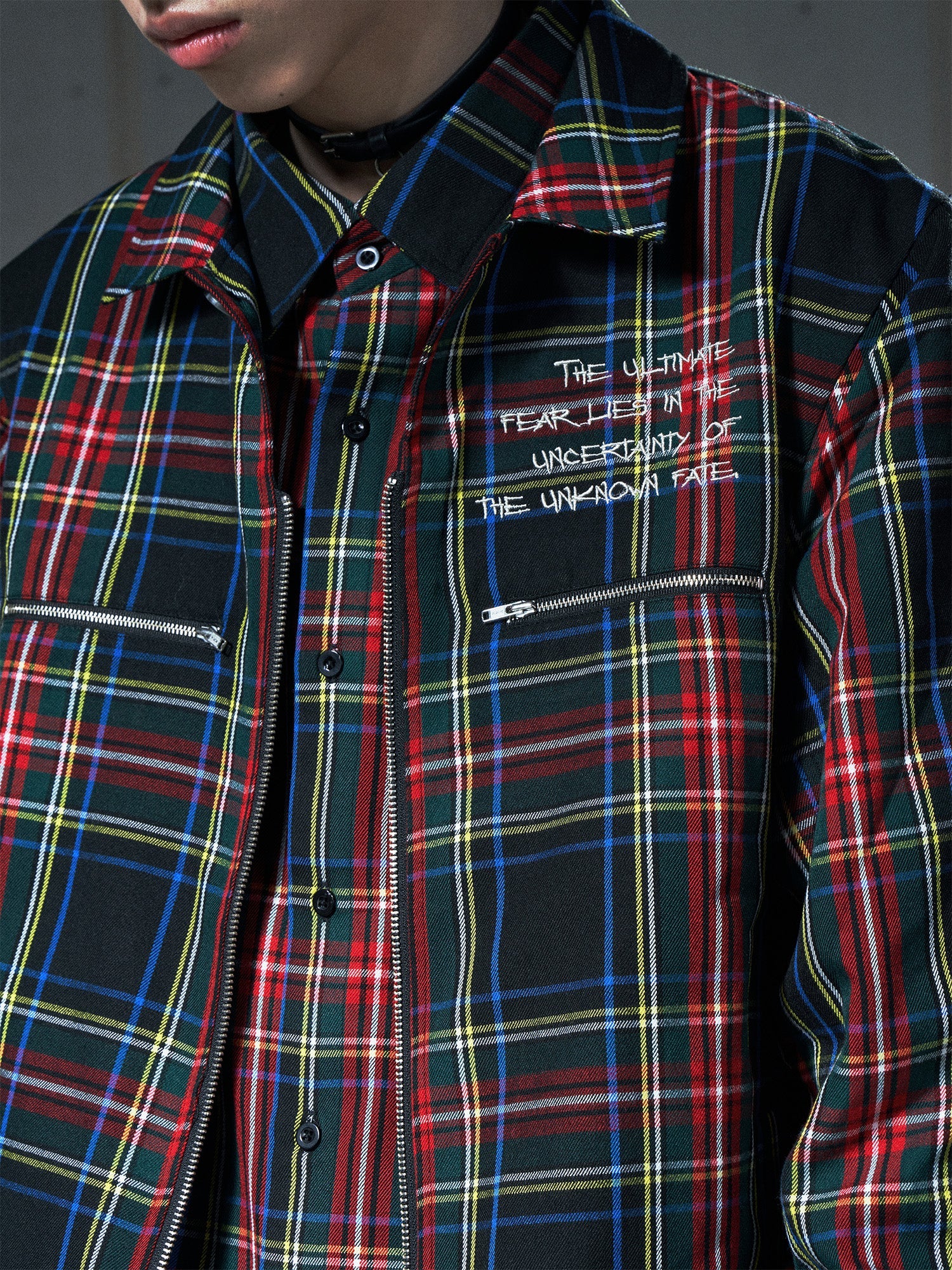 VENTUREK Punk Frayed Plaid Embroidered Jacket