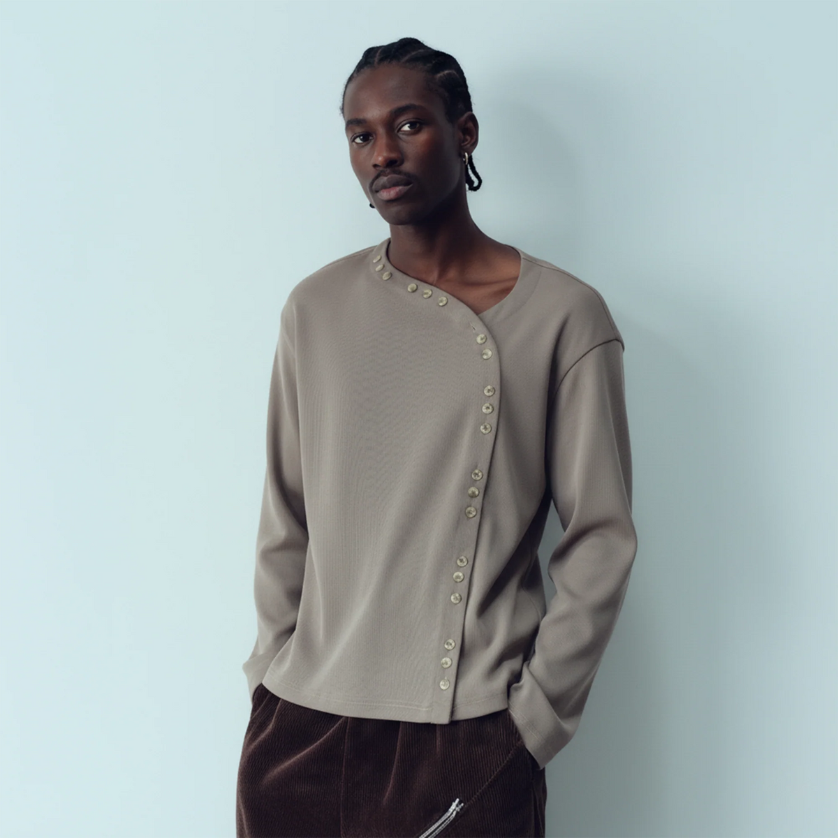 KADAKADA Buttoned Curved Placket Ribbed Knit Top
